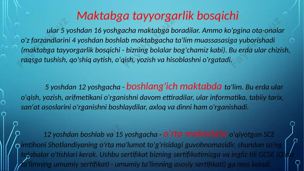 nisbatan qisqaroq bo'ladi (12 dan 16 gacha, ya'ni 5 yil emas, 4 yil); ammo - bu bosqichda shotlandiyalik bolalar buyuk britaniyaning boshqa mintaqalaridagi maktab o'quvchilariga qaraganda ko'proq fanlarni o'rganishadi; va shuning uchun ham shotlandlar (ixtiyoriga ko'ra) maktabni bir yil oldin (18 yoshda emas, 17 yoshda) tugatishlari va universitetda 1 yil ko'proq o'qishlari mumkin. shotlandiyaning qadriyatlar tizimidagi ta'lim juda katta ahamiyatga ega - eski uchlikning boshqa 2 qismi ("qadimgi uchlik") - qonun va cherkov yonida. shotlandiya ta'limi tarixi asrlarga borib taqalsa ajablanarli emas: hozirgi britaniya universitetlari ichida 1410-yilda tashkil etilgan shotlandiya sent-endryus eng qadimgi uchinchi universitet (oksford va kembrijdan keyin); 1496 yildan boshlab mamlakatda har bir kishi 6 yoshdan o'qishga majbur; 16-asr oʻrtalarida. shotlandiyada 4 ta universitet bor (zamonaviy buyuk britaniya hududida o'sha paytda mavjud bo'lgan 6 ta universitetdan); 1451 yilda ochilgan aberdin universiteti ingliz tilida so'zlashadigan mamlakatlarda ibirinchi tibbiyot fakultetini yaratdi (va u hali ham dunyodagi eng yaxshilaridan biri hisoblanadi). …