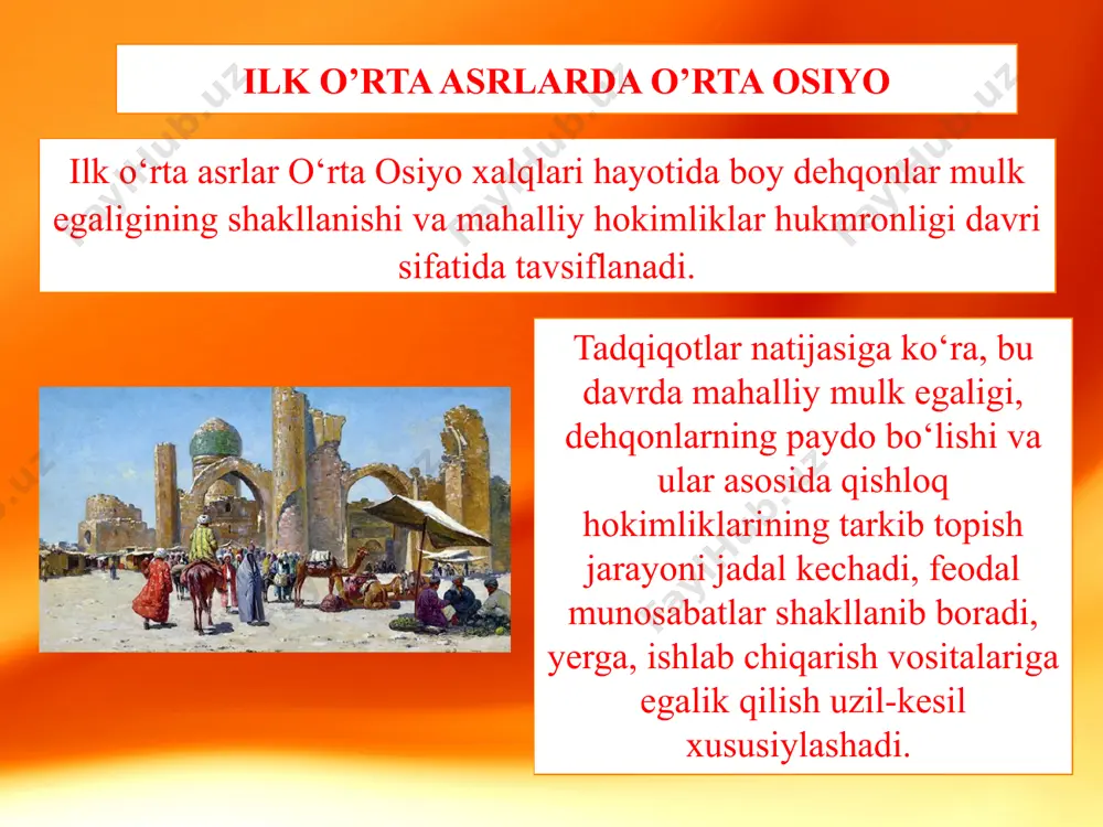 k” nomi bilan emas, balki “xun”, “xunlar” deb atalgan. turk so‘zi milodiy v asrdan boshlab uchraydi. “xunlar”ning mil. avv. 207-yildan milodiy 216-yilgacha (423-yil) hukmronlik qilgan ulug‘ xun saltanati sharqiy va g‘arbiy qismga bo’linib idora qilingan. bunday hokimiyatning tarkib topishiga dastlab xiyoniylar va kidariylarning bu zaminga kirib kelishi xalaqit bergan ko‘rinadi. turk xoqonligi hukmronligi davrida o‘rta osiyo sug‘diyona vi asr boshlaridan eftaliylar tarkibida, 563-yildan esa turk xoqonligi qo‘l ostiga o‘tdi. sug‘ddan sharqda sirdaryo havzasida ilk o‘rta asrlar davri ustrushona viloyati joylashgan. uning g‘arbiy qismini 0 ‘zbekistonning jizzax va sirdaryo viloyatlari tashkil etadi, sharqiy qismi - xo‘jand viloyati esa hozirgi kunda tojikiston tasarrufida. ilk o ‘rta asrlar ustrushonasi 18 ta tumandan tashkil topgan. birinchi bor ustrushona nomi ilk o‘rta asr xitoy manbalarida uchraydi. (shuaydushana, suduyshana, sudushina). bunga ko‘ra, ustrushona iv-v asrlardayoq mustaqil hokimlik sifatida tilga olinadi. ustrushonadan shimoli-sharqda, sirdaiyoning yuqori havzasida go‘zal fragana (farg‘ona vodiysi) joylashgan. qadimgi farg‘onadan shimolda joylashgan tarixiy-madaniy o’lka …
