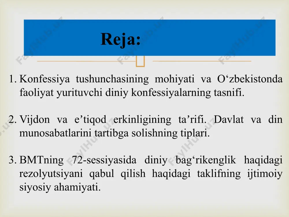 egan aqida bilan uni so‘zsiz bajarish lozim degan fikr singdirilgan. o‘zbekistonda sakralizasiya tamoyili islom dini an’analarini jamiyat va inson hayotining barcha sohalarini diniy qiyofa berish va jamiyatni boshqarish ishlarini ilohiylashtirishni ko‘zda tutadi. g‘arbda bu tamoyil klerikalizasiya (lot. cherkov) bilan bog‘liq. sekulyarizatsiya (lot. dunyoviy degan ma’noni bildiradi) – tendensiyasi ta’siriga ko‘ra, diniy e’tiqodning jamiyat va kishi hayotining barcha sohalaridagi mutlaq hukmronligiga barham berish, hokimiyatni din ta’siridan xalos qilish, dunyoviy taraqqiyot yo‘liga o‘tishni anglatadi. g‘arbda sekulyarizatsiya davlatni dindan, maktabni esa cherkovdan ajratgan, ularning bir-biridan mutlaq rivojlanishiga olib kelgan. sekulyarizatsiya, umuman, jamit hayotida ijobiy ahamiyatga ega. o‘zbekiston konstituttsiyasi va qonunlari sekulyarizm prinsipi asosida rivojlantirilgan.  umuman, din hozirgi sharoitda muhim ijtimoiy-madaniy hodisadir. dinnning jamiyat ma’naviy-ma’rifiy hayotida tutgan o‘rnini bilish uchun uning jamiyat va shaxs hayotida qanday o‘rin egallashini, dinning davlatga va shaxsning dinga munosabatini tarixan qanday o‘zgarib borganligini ilmiy tahlil qilish lozim bo‘ladi. din axloqiy tarbiya sohasida muhim ahamiyatga ega vazifani bajaradi. biroq …
