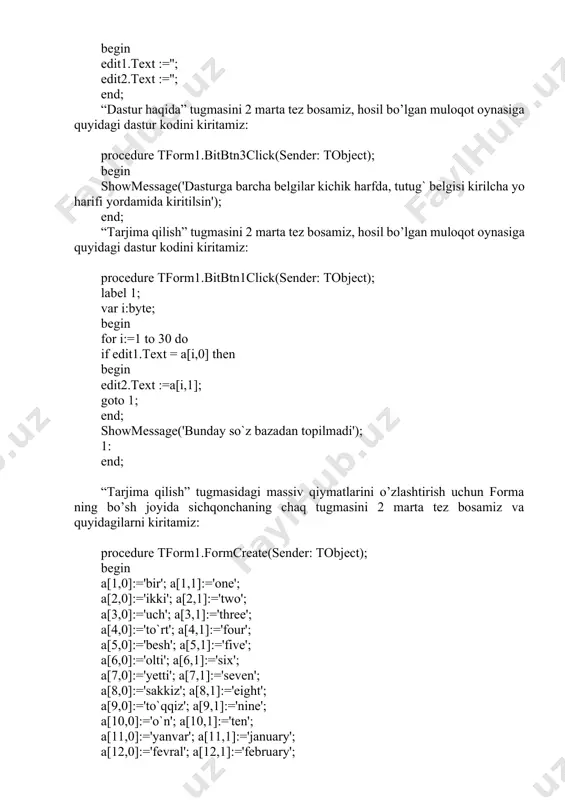 vchining shaxsi tasdiqlangandan keyin, uning tizimga kirish huquqi aniqlanadi; –o’qitishni boshqarish tizimchasining moduli talabaning individual kartasining holatini tahlil qiladi; –navbatdagi o’qitishning maqsadi, metodikasi va vazifalarini belgilaydi. topshiriqlarini shakllantirish moduli tanlangan metodika va bilimlar bazasi ma’lumotlariga asoslanib, o’qitish vazifasini ishlab chiqadi. talaba qo’yilgan vazifani bajaradi (nazariy materialni o’rganish, amaliy ishni bajarish, test, savollarga javob yozish va h.k.), bunda tizim bilan muloqot ta’minlanib turiladi, ya’ni talabaning ishi nazorat qilinib, kerak bo’lsa, yordam ko’rsatib turiladi. natijalarni tahlil qilish moduli yo’l qo’yilgan xatoliklarni, sodir bo’lgan qiyinchiliklarni aniqlaydi va talabaning individual kartasiga o’zgartirishlar kiritadi. shu bilan o’qitish sikli yakunlanadi va tizim keyingi jarayon uchun tayyorlik holatiga o’tadi. foydalanuvchining o’zi vazifani aniqlashi mumkin (ekranga nazariy materialning kerakli qismini yoki topshiriqni chiqarish, mavjud bo’lgan lug’atlar va manbalarga murojaat etish, individual kartani ko’rib chiqish va h.k.). ixtisoslik fanlarini o’qitishning intellektual tizimi talabaning individual xususiyatlarini hisobga olgan holda, yopiq tizimda, avtomatlashtirilgan boshqaruv vositasida, mustaqil, individual, jamoaviy va masofaviy shakllarda …