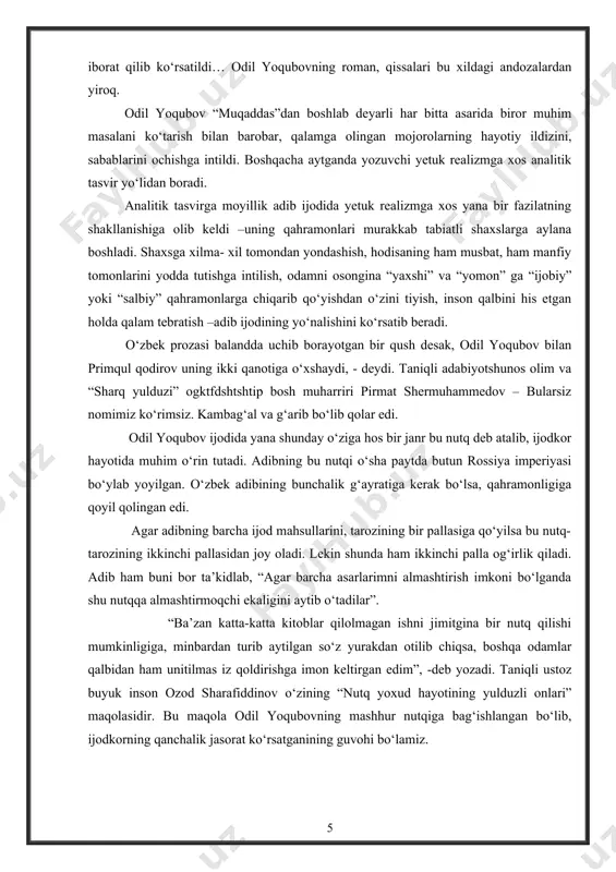 yozuvchi yetuk realizmga xos analitik tasvir yo‘lidan boradi. analitik tasvirga moyillik adib ijodida yetuk realizmga xos yana bir fazilatning shakllanishiga olib keldi –uning qahramonlari murakkab tabiatli shaxslarga aylana boshladi. shaxsga xilma- xil tomondan yondashish, hodisaning ham musbat, ham manfiy tomonlarini yodda tutishga intilish, odamni osongina “yaxshi” va “yomon” ga “ijobiy” yoki “salbiy” qahramonlarga chiqarib qo‘yishdan o‘zini tiyish, inson qalbini his etgan holda qalam tebratish –adib ijodining yo‘nalishini ko‘rsatib beradi. o‘zbek prozasi balandda uchib borayotgan bir qush desak, odil yoqubov bilan primqul qodirov uning ikki qanotiga o‘xshaydi, - deydi. taniqli adabiyotshunos olim va “sharq yulduzi” ogktfdshtshtip bosh muharriri pirmat shermuhammedov – bularsiz nomimiz ko‘rimsiz. kambag‘al va g‘arib bo‘lib qolar edi. odil yoqubov ijodida yana shunday o‘ziga hos bir janr bu nutq deb atalib, ijodkor hayotida muhim o‘rin tutadi. adibning bu nutqi o‘sha paytda butun rossiya imperiyasi bo‘ylab yoyilgan. o‘zbek adibining bunchalik g‘ayratiga kerak bo‘lsa, qahramonligiga qoyil qolingan edi. agar adibning barcha …