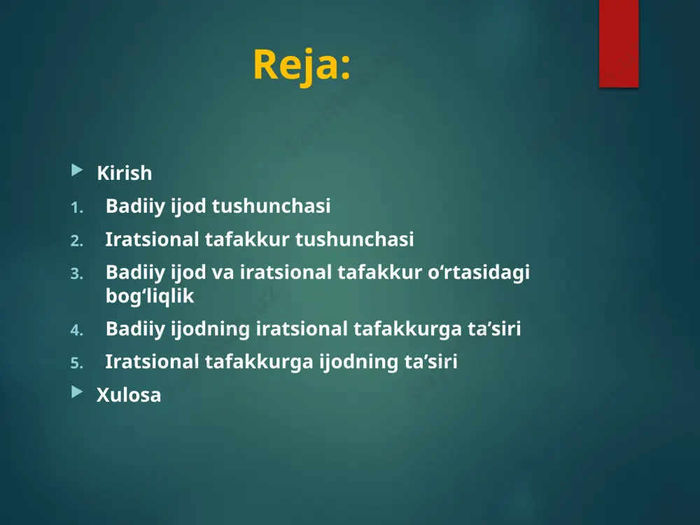 atlarida nafaqat an’anaviy sevgi hikoyasi, balki inson ruhiyatidagi ixtiloflar va qalbdagi sezgi vositasida tushunib bo‘lmaydigan kechinmalar ham o‘z aksini topgan. bu jihatlar iratsional tafakkur orqali roman o‘quvchiga hissiy va intuitiv darajada ta’sir qiladigan, chuqur emotsional ta’sirga ega asar sifatida qadrlanishini ta’minlagan. shu bois “o‘tkan kunlar” romani insoniy his-tuyg‘ularning ifodalanishida badiiy ijod va iratsional tafakkurning uzviy bog‘liqligini ko‘rsatadigan yorqin namuna hisoblanadi. 2. iratsional tafakkur tushunchasi iratsional tafakkur – bu insonning mantiq va tahliliy fikrlashdan chetga chiqib, intuitiv, emotsional va his-tuyg‘ularga asoslangan fikrlash jarayoni. iratsional tafakkur orqali inson o‘zining chuqur ichki kechinmalari va his-tuyg‘ulari orqali qarorlar qabul qiladi va ijodiy jarayonlarni amalga oshiradi. 3. badiiy ijod va iratsional tafakkur o‘rtasidagi bog‘liqlik badiiy ijodda iratsional tafakkur quyidagi jihatlarda namoyon bo‘ladi: fantaziya va intuitiv tafakkur – ijodkorlar o‘z asarlarida fantaziya va intuitiv idrokdan foydalanib, yangi obrazlar va syujetlar yaratadilar. his-tuyg‘ularning ustuvorligi – ijodiy jarayonda his-tuyg‘ular mantiqiy fikrlashdan ustun turadi, bu esa asarlarning chuqur emotsional …