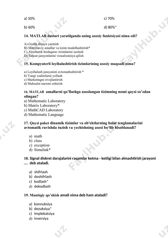 g barcha naborlarida bir xil qiymat qabul qilsalar, bu formulalar …. formulalar deyiladi. a) bir xil b) teng kuchli* c) proporsional d) teskari proporsional 24. kompyuterli loyihalashtirish tizimlarining ishlab chiqarishdagi asosiy foydasi qaysi? a) loyihalarni tezroq va aniqroq ishlab chiqish * b) faoliyatni faqat internetga bog'lash c) barcha xodimlarni bir joyga yig'ish d) faqat dasturlarni ishlab chiqish 25. kompyuterli loyihalashtirish tizimlari (cad) nima uchun sanoatdagi mahsulotlarning sifatini oshirishga yordam beradi? a) xato va nuqsonlarni kamaytirish * b) ishlab chiqarish jarayonini sekinlashtiradi c) mahsulotni ko'proq sotishga yordam beradi d) sifatini oshirishga yordam bermaydi 26. alt tizimining qaysi turi kompyuterli loyihalashtirish tizimlarining birinchi keng tarqalgan turi hisoblanadi? a) cae c) cad * b) cam d) erp 27. kompyuterli loyihalashtirish tizimlarining ishlab chiqarishda qo'llanilishi qanday natijalarni keltirib chiqaradi? a) ishlab chiqarishning tezligini kamaytiradi b) mahsulotlarning narxini oshiradi c) ishlab chiqarish jarayonini soddalashtiradi * d) faqat xizmat ko'rsatishni yaxshilaydi 28. kompyuterli loyihalashtirish tizimlarida ko'rsatilgan …