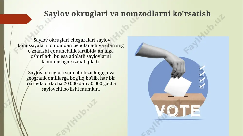 rayonini soddalashtiradi, ammo bu kiberxavfsizlik va texnik nosozliklar xavfini tug'diradi, shuningdek, 10% saylovchilarning texnologiya bilan ishlash qobiliyatining yetarli emasligi muammosini keltirib chiqarishi mumkin. proporsional saylov tizimi kichik partiyalar uchun vakillikni ta'minlaydi, 5% dan kam ovoz olgan partiyalar saylovga qo'shilmaydi, ammo bu ko'pchilik hukmronligini cheklab qo'yishi mumkin. ovoz berish jarayoni saylov byulletenlarini hisoblash jarayoni kamida uch kishilik maxsus komissiya tomonidan kuzatilishi va rasmiy bayonnoma bilan tasdiqlanishi shart. ovoz berish jarayonida saylovchilarning 50% dan ortig'i ishtirok etsa, saylov natijalari haqiqiy deb hisoblanadi, aks holda qayta saylov o'tkazilishi mumkin. saylov tizimi va fuqarolik jamiyati saylovda 70% dan ortiq ishtirok etish darajasi fuqarolik jamiyatining siyosiy jarayonlardagi faol rolini va saylov tizimiga bo'lgan ishonchini ko'rsatadi. fuqarolik jamiyati vakillari saylov jarayonida 15% dan ortiq kuzatuvchilar sifatida ishtirok etib, saylovlarning adolatli va erkin o'tishiga hissa qo'shishi mumkin. xalqaro tajriba va eng yaxshi amaliyotlar proporsional vakillik tizimi, masalan, germaniyada qo'llaniladigan aralash tizim kabi, saylov natijalarida partiyalararo vakillikni yaxshilash …