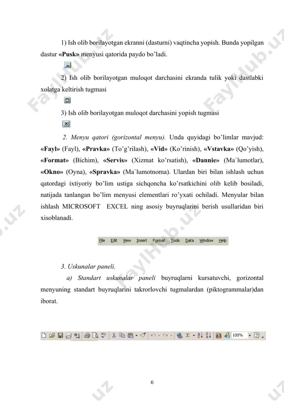 dval rivojlanishining navbatdagi qadami bo’ldi. 1983 yil lotus firmasining 1-2-3 paketlari chiqib, kutilgandan ham ziyodroq muvaffaqiyatga erishdi. ammo 1997 yil microsoft firmasi tomonidan excel dasturi taqdim etildi, u hozirgi kunda ham o’z sinfida eng quvvatli dastur hisoblanadi. bu dastur ixtiyoriy axborotni (matnlar, sonlar, sana va hokazolarni) qayta ishlab chiqish va saqlash imkonini beribgina qolmasdan, balki qilgan ishingizni natijasini bezash, ko’rgazmaliroq ko’rsatish va chop etish imkoniyatini beradi. bunda win word dasturidagi tahrirlash vositalaridan foydalanish mumkin. excelning ommaviy imkoniyatlarini o’zlashtirish qiyin emas ammo, dasturning murakkabligi va imkoniyatlarning juda kengligi sababli, ular bilan tanishish uzoq vaqt davom etishi mumkin, binobarin aynan ish jarayonida uning yangi – yangi imkoniyatlarini ko’chirish mumkin. ishchi varag’i. ishchi varag’i bilan ishlashning asosiy usullari va tavsifi. 1. ishchi varag’i – axborotlarni saqlash va qayta ishlab chiqish uchun mo’ljallangan bo’lib, ustun va satrlarga biriktirilgan katakchalar majmuidir. har bir katakcha o’z nomiga ega ishchi varag’i ustun va satrlar kesishishi orqali topiladigan …