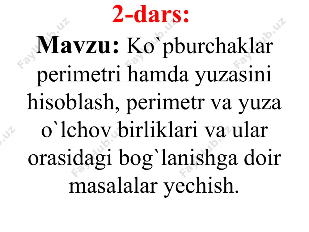 koʻpburchakning perimetri uning hamma tomonlari yigʻindisiga teng. p-harfi bilan belgilanadi. yuza-tekislik yoki sirtdagi geometrik figuralarni ifodalaydigan asosiy miqdorlardan biri. sodda holda yuza yassi figurani toʻldiruvchi birlik kvadratlar, yaʼni tomoni uzunlik birligiga teng boʻlgan kvadratlar soni bilan oʻlchanadi. 1 soatlik dars ishlanmasi mavzu: yuz o`lchov birliklari ( 4-sinf) matematik she’r: hisob kitob ilmini bolalikdan sevibmiz. ulg’aygach, buning juda asqotishin sezibmiz. shunday-doim tirishgan, chiqar albat yuksakka. olim bo’lmoq istasang, zinadir matematika. matematik diktant: 30 va 3 ning yig`indisidan 10 ta ko`p. 40 va 6 ning ayirmasi katta 20 dan. 80 va 10 ning bo`linmasidan 2 ta kam. 90 va 10 ning yig`indisidan 2 marta kam. 55 va 5 ning yig`indisidan 3 marta ortiq. 25 va 20 ning ayirmasidan 5 ta kam. 7 va 5 ning yig`indisi kichik 16 dan. mustahkamlash: o`zingizda mavjud bo`lgan to`g`ri to`rtburchak shaklidagi buyumingizni uzunliklarini chizg`ichingiz yordamida o`lchang va undan foydalangan holda perimetr va yuzasining o`lchamlarini toping. image1.tmp image2.tmp …