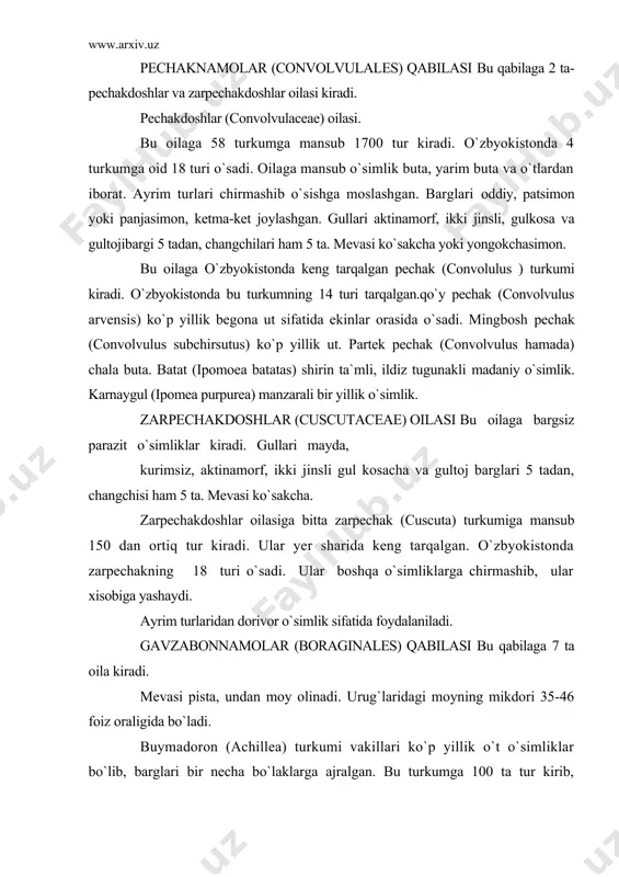 lasi bu qabilaga 7 ta oila kiradi. mevasi pista, undan moy olinadi. urug`laridagi moyning mikdori 35-46 foiz oraligida bo`ladi. buymadoron (achillea) turkumi vakillari ko`p yillik o`t o`simliklar bo`lib, barglari bir necha bo`laklarga ajralgan. bu turkumga 100 ta tur kirib, o`zbyokistonda 5 turi o`sadi. turkumning hamma turlari dorivor xisoblanadi. ular asosan tog` yon bag`irlarida va adirlarda o`sadi. 40-rasm. shuvok (artemisia) turkumiga ko`p yillik, bir yillik o`tlar va yarim butalar kiradi. shuvoklar turkumining 500 ga yaqin turi bo`lib, o`zbyokistonda shundan 40 dan ortiq turi o`sadi. shuvoklarning hamma turlarida ham efir moylari bo`ladi. ermon (a.absinthium) kumushsimon tuklar bilan qoplangan ko`p yillik ut. o`zbyokistonda arik buylarida, yo`l yokalarida, tog` yon bagrilarida o`sadi. barglari va yer ustki qismi tibbiyotda ishtaxani ochuvchi va ovqat xazm qilishni yaxshilaydigan dorivor sifatida ishlatiladi. tirnoqgul (calendua officinalis) erta baxordan boshlab yoz buyi gullaydigan bir yillik ut. tirnoqgul manzarali o`simlik sifatida o`zbyokistonda maxsus xujaliklarda va shaxsiy tomarkalarda ekiladi. o`simlikning guli xalk …