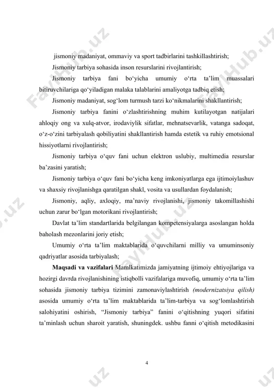 kil qilingan pedagogik kuzatish orqali amalga oshirilgan darsning taxlili, jismoniy tarbiya mutaxassisining o‘zini va dars o‘tayotgan kasbdoshining pedagogik faoliyati haqida fikr yuritish, kasbiy mahoratini baholash, ijobiy va salbiy tomonlarini ko‘rish bilan o‘qituvchilik mahoratini shakllanishi hamda takomillashishiga zamin yaratadi. jismoniy madaniyat darsining taxlili o‘zining xususiy tomonlari bilan boshqa umumiy ta’lim fanlari darslarining taxlilidan farqlanadi. darsning zichligini taxlilchisiz, unda yuklamani boshqarilishini yurak qisqarish chastatasini taxlillovchi va pedagogik taxlil olib boruvchilarsiz darsga umumiy baho berib bo‘lmaydi. pedagogik taxlil darsning samaradorligini baholash uchun o‘tkaziladi. darsning zichligini oshirish va jismoniy yuklamani boshqarilishida qo‘llaniladigan uslubiyotlarning foydaliligi, ulardan o‘qituvchini ta’lim jarayonida o‘rinli ishlatilishi taxlil qilinadi va darsning zichligi xronografigi, yurak qisqarishi chastotasining (yuqch) ning fiziologik qiya chizig‘ining grafigi taxlil qilinadi. jismoniy tarbiya darsining pedagogik taxlili pedagogik taxlil - umumiy va qisman yoki maxsus taxlil deb biri ikkinchisidan farqlanadi. darsning umumiy pedagogik taxlili deganda taxlil qilinayotgan darsning zichligi, shu darsdagi jismoniy yuklamani boshqarilishi va darsning mazmuniga kiruvchi o‘quv …