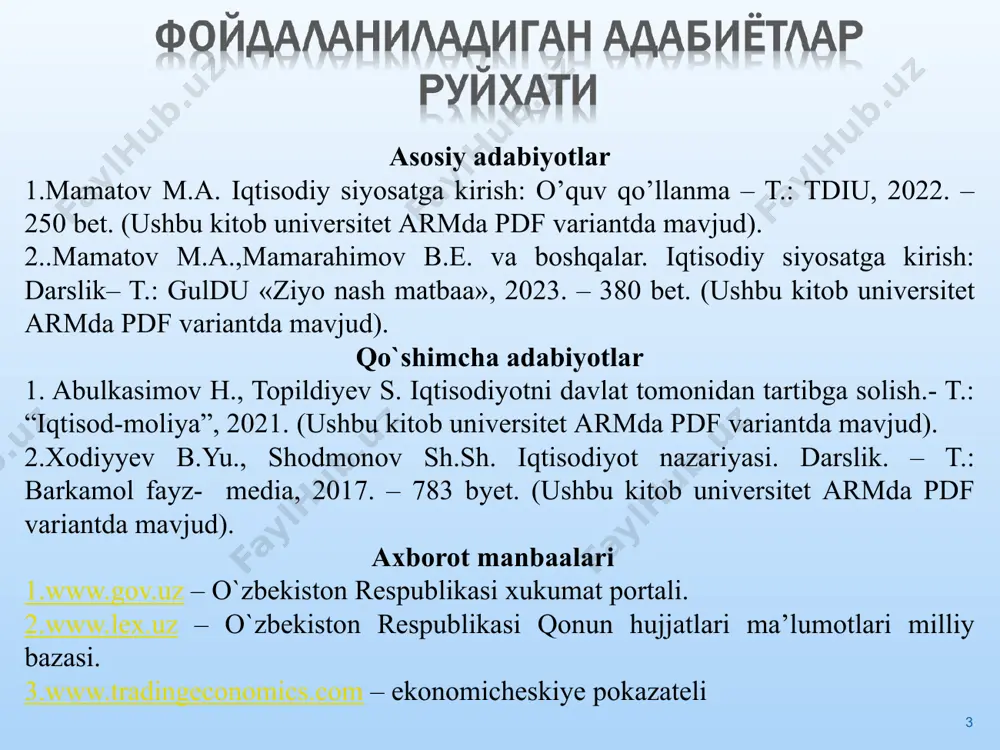 срусларини бошқариш деганда давлат ўзига қарашли табиий, меҳнат, ишлаб чиқариш, капитал, инвестицион ресурсларни тўғридан-тўғри тақсимлаш орқали иқтисодий тизимдаги мувозанатни сақлашга, янги нисбатлар ва мутаносибликларни вужудга келтиришга интилади. аммо баъзи ҳолларда чекланган иқтисодий ресурсларнинг давлат томонидан тўғридан-тўғри тақсимланиши иқтисодий тизимдаги мувозанат ва мутаносибликнинг бузилишига ҳам олиб келади давлатнинг иқтисодий стратегияси унинг сиёсий стратегиясини амалга ошириш учун иқтисодиётга давлатнинг аралашуви механизмлари ва устуворликларининг трансформациялашувини белгилаб беради. иқтисодий стратегия узоқ муддатли давр ичида давлат фаолиятининг йўналиши ва унинг амалга ошириш принципларини ифодалайди. давлатнинг иқтисодий стратегиясининг муҳим турлари қуйидагилардан иборат: ривожланишнинг ижтимоий самарали стратегияси; корпоратив стратегия маълум гуруҳ кишиларнинг бойлик орттиришга қаратилган тор эгоистик манфаатларини амалга оширишга қаратилади; либерал-иқтисодий стратегия товар ва капиталнинг эркин ҳаракати учун очиқ бўлган иқтисодиёт учун қўлланилади; тартибга солувчи иқтисодий стратегия давлат товар ва капитал ҳаракати учун назорат ўрнатганида қўлланилади; мобилизацион иқтисодий стратегия давлатнинг мавжудлигига таҳдид кучайганида, фавқулодда ҳолатлар шароитида давлатнинг ишлаб чиқариш ва ташқи иқтисодий алоқаларга тўғридан-тўғри аралашуви кучаяди; …