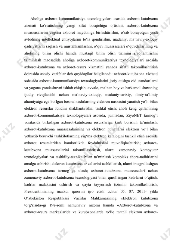 inlash kompleks chora-tadbirlarini amalga oshirish; elektron kutubxonalar zallarini tashkil etish, ularni integrallashgan axborot-kutubxona tarmog‘iga ulash; axborot-kutubxona muassasalari uchun zamonaviy axborot-kutubxona texnologiyasi bilan qurollangan kadrlarni o‘qitish, kadrlar malakasini oshirish va qayta tayyorlash tizimini takomillashtirish; prezidentimizning mazkur qarorini ijro etish uchun 05. 07. 2011- yilda o‘zbekiston respublikasi vazirlar mahkamasining «elektron kutubxona to‘g‘risida»gi 198-sonli namunaviy nizomi hamda «axborot-kutubxona va axborot-resurs markazlarida va kutubxonalarda to‘liq matnli elektron axborot-kutubxona resurslari fondini yaratish haqida»gi reja jadvalini ishlab chiqilib, hozirgi kunda bu ishlar bosqichma-bosqich amalga oshirilmoqda. axborot-kutubxona markazlari bazasida elektron kutubxonalar, axborot-resurs markazlari bazasida elektron zallar ochilib, elektron fond bazalari shakillantirilmoqda. bu esa foydalanuvchilar, kitobxonlar va mutaxassislarning oldiga alohida vazifalar qo‘ymoq- da. masalan, xizmat ko‘rsatishda va foydalanishda texnika vositalaridan to‘g‘ri foydalanishni bilish, ishlatish, qidirish yo‘llarini bilish va boshqalar. yorug‘lik proyeksiyasi va uning turlari proyeksiya (ushbu so‘z lotin tilidan olingan bo‘lib, «oldinga tashlayman» degan ma’noni anglatadi) bu optik sistema va yorug‘lik manbayi yordamida ekran yoki taralib-to‘zib turuvchi yuzada …