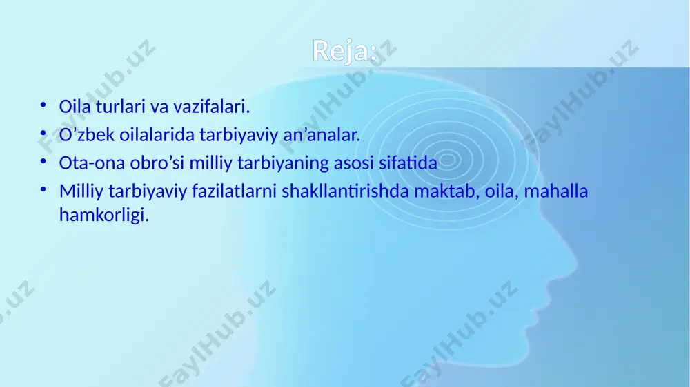 a: nuklear (ota ona va bolalardan iborat) va ko`p nomli (ikki va undan ortiq avloddan iborat oila a’zolari bilan birga yashovchi) oila. 3) bolalar soniga ko`ra: farzandsiz, bir bolali, ikki bolali, uch- to`rt bolali, besh va undan ortiq bolali oilalar. 4) er-xotinning ijtimoiy kelinb chiqishiga ko`ra: ishchilar, dehqonlar, xizmatchilar, ziyolilar, aralash tipdagi oilalar kiradi. 5) oilaning yoshiga ko`ra: yosh oila (bir yilgacha, uch- besh yillik, olti -o`n yillik turmush tajribasiga ega bo`lgan oilalar), o`rta yoshdagi oila, yetuk oila (qariyalar oilasi) kabi oilalar. 6) er- xotinning ma’lumot saviyasiga ko`ra: oliy ma’lumotli, o`rta maxsus, o`rta, tugatilmagan o`rta, maxsus yordamchi maktab ma’lumotiga va turli saviyadagi ma’lumotlarda ega bo`lgan erxotinlardan tashkil topgan oila. 7) er- xotinning ota-onasi oilasining moddiy ta’minlanganlik darajasiga ko`ra: qudalarning bir-biriga mos yoki ular o`rtasida katta tafovut mavjudligi bo`yicha bir-biriga mos bo`lmagan oilalar. 8) regional jihatlariga ko`ra: shahar, qishloq, aralash tipdagi oilalar. 9) nikohdan qoniqqanlik saviyasiga ko`ra: ajralish arafasida, nikohdan qoniqqanlik …