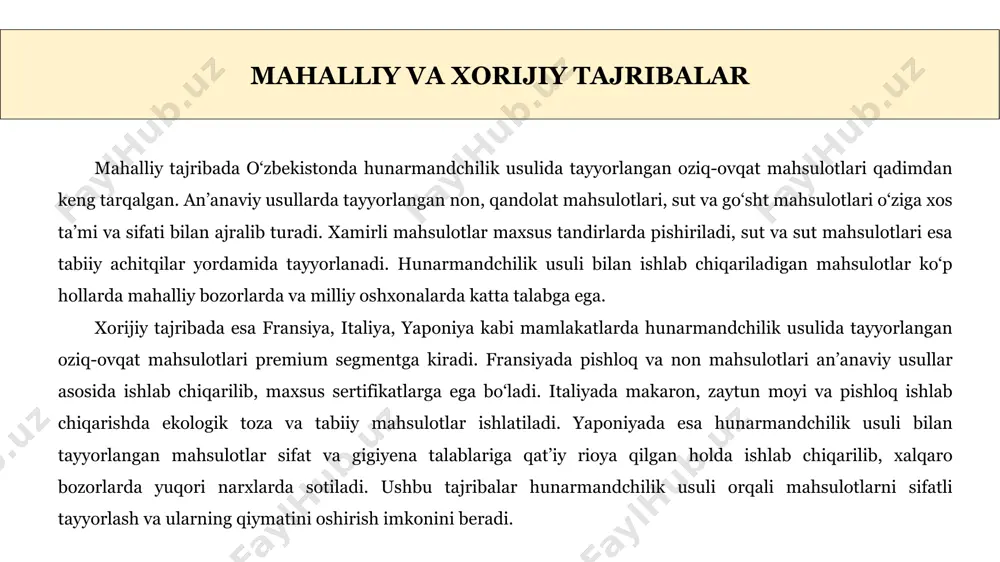 tda saqlanadi. bunga sterilizatsiya, dezinfektsiya va tozalash uskunalari kiradi. hunarmandchilik jihozlari qo‘lda tayyorlash uskunalari: xamir yoğish moslamalari: xamirni qo‘lda yoki mashina yordamida yoğirishda ishlatiladi. bu jarayonni qo‘lda bajarish xamirni yaxshilab yoğirishni ta'minlaydi. maydalash moslamalari: xom ashyolarni, masalan, don, o‘simlik yoki ziravorlarni maydalash uchun ishlatiladi. kesish moslamalari: oziq-ovqat mahsulotlarini kerakli shakl va o‘lchamlarga kesish uchun ishlatiladi. an’anaviy jihozlar: tandir: an’anaviy pishirish uskunasi bo‘lib, unda non, qandolat mahsulotlari, go‘sht va sabzavotlar pishiriladi. quduq suvlari uchun filtrlar: suvni tozalash va uning xavfsizligini ta’minlash uchun ishlatiladi. texnik-kimyoviy nazorat mahsulot sifati organoleptik tekshiruvlar (ta’m, hidi, rangi) orqali baholanadi. bu mahsulotning tashqi ko‘rinishi va iste'molchi tomonidan qabul qilinishini aniqlashda muhimdir. laboratoriya tahlillari yordamida mahsulot tarkibidagi fizik-kimyoviy va mikrobiologik ko‘rsatkichlar aniqlanadi. fizik-kimyoviy testlar ozuqaviy moddalar va boshqa kimyoviy tarkibiy qismlarni aniqlash uchun o‘tkaziladi, mikrobiologik testlar esa mahsulotdagi zararli mikroorganizmlarni va bakteriyalarni aniqlashga yordam beradi. oziq-ovqat mahsulotlarining xavfsizlik standartlari haccp (hazard analysis and critical control points) va iso …