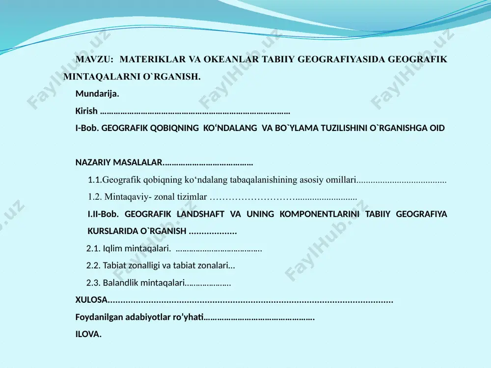 a. ular geografik qobiqda kengliklar bo'yicha tarqaladi. geografik qobiqda hodisa va jarayonlarning tarqalishidagi bunday qonuniyat iqlim ko'rsatkichlari, o'simlik guruhlari, tuproq turlari uchun xos. mintaqaviylik gidrologik va geoximik jarayonlarni namoyon bo'lishida ham ro'y beradi.demak, geografik qobiqda hodisa va jarayonlarni mintaqaviy, ya'ni kengliklar bo'yicha tarqalishining asosiy sababi yer yuzasida quyosh nurlari va issiqlikning notekis taqsimlanishidir. 2.1. iqlim mintaqalari yer yuzasida haroratning notekis taqsimlanishi natijasida iqlim mintaqalari vujudga keladi. yer yuzasida asosiy va oraliq iqlim mintaqalari hosil bo‘ladi. asosiy iqlim mintaqalarida yil bo‘yi bir xil havo massalari hukmron bo‘ladi. oraliq iqlim mintaqalarida havo massalari fasllar bo‘yicha o‘zgarib turadi. geografik qobiqda 13 ta iqlim mintaqasi ajratiladi: ekvatorial, ikkita subekvatorial, ikkita tropik, ikkita subtropik, ikkita mo‘tadil, subarktika va subantarktika, arktika va antarktika.2.1 reja- jadval. geografik mintaqalar va ularning maydoni mintaqaning nomi maydoni mln. km2 % arktika …………………………………………………………….. 14,45 2.83 subarktika …………………………………………………………. 17,62 3.45 mo’tadil …………………………………………………………… 53,22 10.44 subtropik ………………………………………………………….. 39,72 7.79 tropik ……………………………………………………………... 80,77 15,84 …