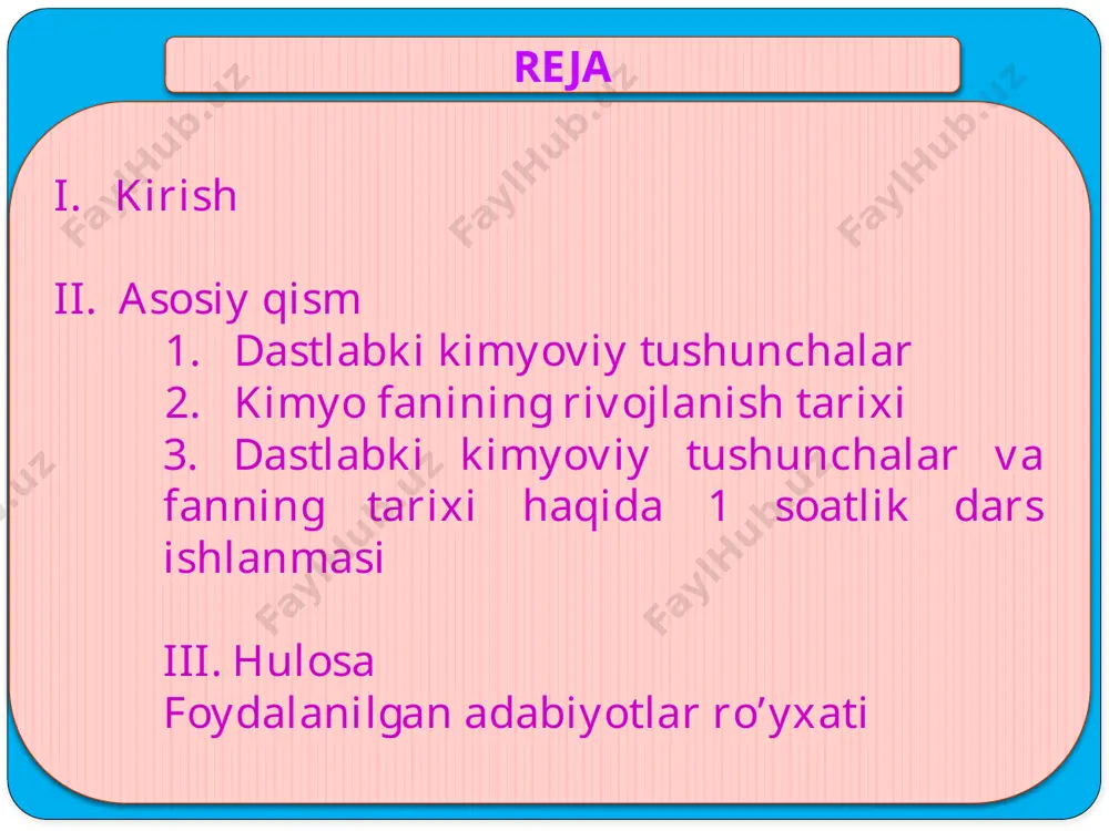 torim svyazivayut iskusstvo chernix magov, rudoznattsev, zolotix del masterov. uyga vazifa sinkveyn nom (ot) - yurak tavsifi (2 sifat) – harakat (3 fe’l) - mavzuga tegishli gap (4so’z) – sinonim ( 1 so’z) - 29 sushestvuet neskolko tolkovaniy proisxojdeniya slova «alximiya». soglasno odnomu iz nix, koren slova «alximiya» — «khem» oznachaet «chernuyu zemlyu» ili «chernuyu stranu». tak nazivali drevniy egipet, s kotorim svyazivayut iskusstvo chernix magov, rudoznattsev, zolotix del masterov. baholash: rag’bat kartochkalari tarqatiladi 5 3 4 image2.jpeg image3.jpeg image4.jpeg image5.wmf image6.wmf image7.jpeg image8.jpeg image9.png image10.wmf image11.png image12.png image13.jpeg image14.jpeg image15.png image16.png image17.jpeg image18.jpeg image19.png image20.png image21.gif image22.wmf image23.wmf image24.jpeg image25.png /docprops/thumbnail.jpeg