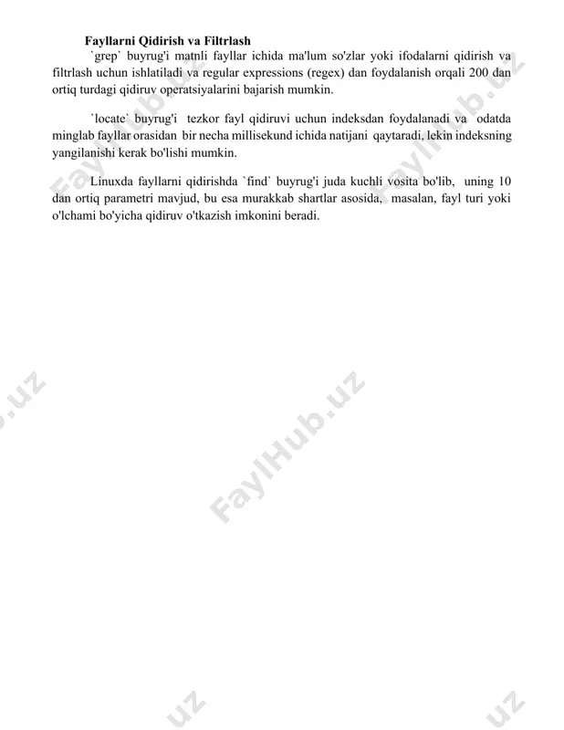 ini formatlashdan avval, ma'lumotlarning zahiralanishi juda muhim, chunki bu jarayon mavjud ma'lumotlarni o'chiradi. fayllarni qidirish va filtrlash `grep` buyrug'i matnli fayllar ichida ma'lum so'zlar yoki ifodalarni qidirish va filtrlash uchun ishlatiladi va regular expressions (regex) dan foydalanish orqali 200 dan ortiq turdagi qidiruv operatsiyalarini bajarish mumkin. `locate` buyrug'i tezkor fayl qidiruvi uchun indeksdan foydalanadi va odatda minglab fayllar orasidan bir necha millisekund ichida natijani qaytaradi, lekin indeksning yangilanishi kerak bo'lishi mumkin. linuxda fayllarni qidirishda `find` buyrug'i juda kuchli vosita bo'lib, uning 10 dan ortiq parametri mavjud, bu esa murakkab shartlar asosida, masalan, fayl turi yoki o'lchami bo'yicha qidiruv o'tkazish imkonini beradi. 📌xulosa linux operatsion tizimlaridagi fayl boshqaruv tizimlari fayllar va kataloglarni samarali boshqarish, himoya qilish va tashkil etish imkonini beradi. ularning moslashuvchanligi va kuchli xususiyatlari linuxning ishonchli va keng qo'llanilishini ta'minlaydi 📚foydalanilgan adabiyotlar 1. linux joriy fayl tizimlari haqida to'liq qo'llanma. 2. linuxdagi fayllar va kataloglar bilan ishlash bo'yicha amaliy …