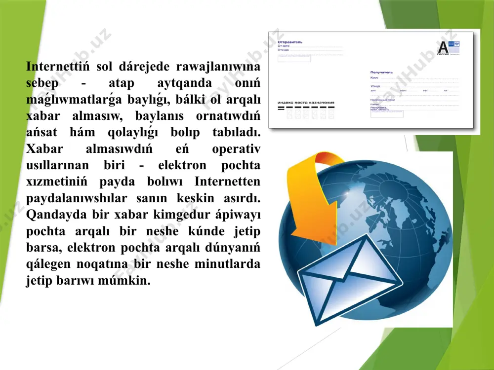 lanıwshı atı, parol hám tastıyıqlaw ushın paroldı qayta kirgiziw) hám “next” túymeshesi basıladı (1). eger paydalanıwshı atı basqa shaxs tárepinen isletilip atırǵan bolsa, ol jaǵdayda bul haqqında xabar shıǵadı. qaptal dápterińizge elektron pochta adresińiz (mısalı, aqlvoyxamidov@gmail.com) hám pochtadan paydalanıw ushın kirgizgen parolıńızdı jazıp qoyıń. 5. telefon nomeri kiritiledi hám “next” túymeshesi basıladı (2). 6. telefon nomerine kelgen kod kiritiledi hám “verify” túymeshesi basıladı (3). 7. keyingi aynada tuwılǵan sáne, ay, jıl hám jınıs saylanadı hám de “next” túymeshesi basıladı. 8. sońǵı aynada xızmetten paydalanıw qaǵıydaları berilgen bolıp, “i agree” túymeshesi járdeminde shártlerge razı ekenligi bildiriledi. dizimnen tabıslı ótilgennen keyin, jeke elektron pochta qutısı jaratıladı. ol arqalı elektron xabarlardı jazıw, jiberiw, qabıllaw, oqıw hám saqlaw múmkin. elektron pochta adresi elektron pochta adresi: pochta qutısı atı pochta serveri adresinen ibarat boladı name@domain2.domain1 info@tuit.uz pochta qutısı atı shólkem domeni tiykarǵıdomen xabarlardı uzatıw • shólkemlestirilgen elektron pochta arqalı basqa elektron adreske xat jiberiw izbe-izligin …