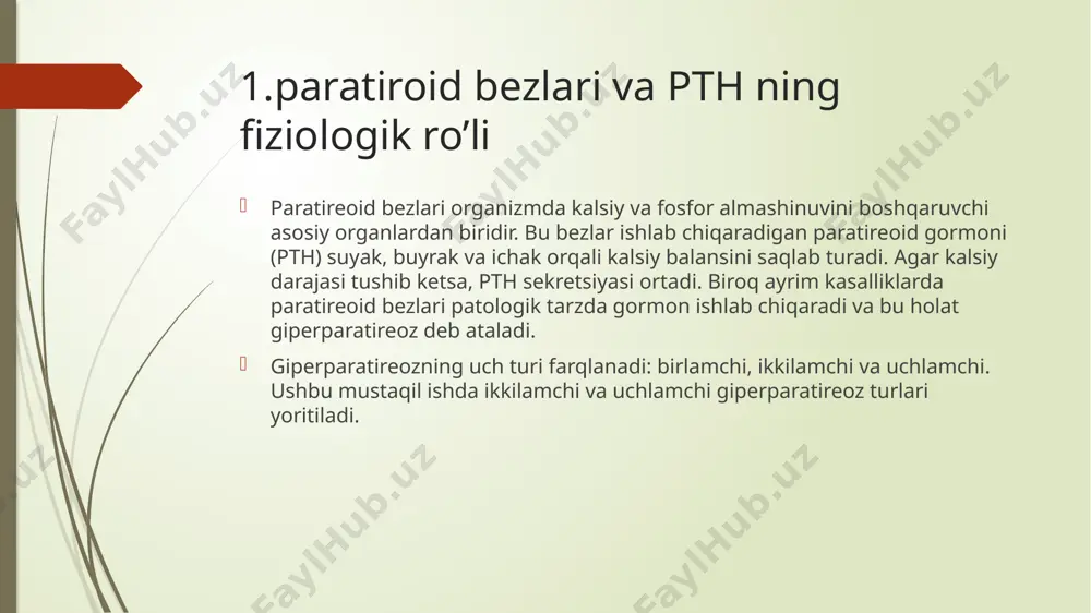normal yoki yuqori bo‘lsa ham pth ishlab chiqarishda davom etadi. natijada giperkalsemiya va og‘ir suyak patologiyalari yuzaga keladi. klinik ko‘rinishlari giperkalsemiya simptomlari: chanqoq, poliuriya, mushak zaifligi, yurak aritmiyalari. suyak og‘riqlari, deformatsiyalar. dializ yoki buyrak transplantatsiyasidan keyin ham yuqori pth saqlanib qolishi. diagnostika qonda kalsiy ↑ yoki normal qonda fosfat ↑ pth juda yuqori ↑↑↑ rentgen: “rugger-jersey spine” (umurtqa qattiqlashishi) davolash konservativ davolash samara bermasa → paratireoidektomiya (bezlarning qisman yoki to‘liq olib tashlanishi). buyrak transplantatsiyasi (agar sabab xbyet bo‘lsa) qiyosiy tahlil belgilar ikkilamchi giperparatireoz uchlamchi giperparatireoz sabab xbyet, d-vitamin tanqisligi, malabsorbsiya uzoq davom etgan ikkilamchi giperparatireoz pth ↑ ↑↑↑ (juda yuqori) kalsiy ↓ yoki normal ↑ yoki normal fosfat ↑ ↑ klinika renal osteodistrofiya, mushak zaifligi giperkalsemiya simptomlari, suyak deformatsiyasi davolash fosfat-binderlar, aktiv d-vitamin, dializ paratireoidektomiya, buyrak transplantatsiyasi xulosa ikkilamchi giperparatireoz – gipokalsemiya va gipofosfatemiya natijasida pthning kompensator oshishi bilan kechadi. uchlamchi giperparatireoz – uzoq davom etgan ikkilamchi shakl natijasida paratireoid …