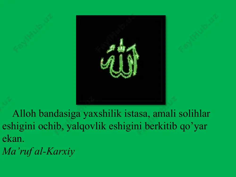 oq asrlar davomida xalqimiz ma`naviyatini boyitishga xizmat qilib kelgan. insonning ruhiy ahloqiy poklanishi, ilohiy muhabbat bilan yuksalib borishi bu talimotning asosiy g`oyalaridir. shu bois tasavvuf chuqur insonparvarlik g`oyalari bilan omuhta bo`lib, haqiqat talabida yurgan odamlar qalbiga yo`l topdi, odamlarning poklik, abadiy hayot, ko`ngil hurriyati haqidagi orzularini ifodalab keldi. xalqimiz so’fiy darveshlari hurmat – ehtirom orqali alloh taologa, uning insonni ulug`lagan qudrati va fayzu futuhiga e`tiqodlarini izhor etganlar. shayxlarning karomatlari, so`zlari va siyratu suratida qabul qilingan. tasavvuf shayxlari xalqninh ma`naviy rahbarlari, ruhoniy murabbiy sifatida maydanga chiqib, payg`ambar faoliyati, holatlarini davom ettirishga jazm etganlar. № tariqat nomlari asoschilar 1 muhosibiya horis muhosibiy 2 qassoriya hamdul qassor 3 tayfuriya abu yazid tayfur al boyazid bistomiy 4 junaydiya junayd al – bag`dodiy 5 nuriya abu husayn an – nuriy 6 sahliya sahl ibn abdulloh at – tustariy 7 hakimiya hakim at – termiziy 8 harroziya abu said ar – roziy 9 hafifiya abu abdulloh …