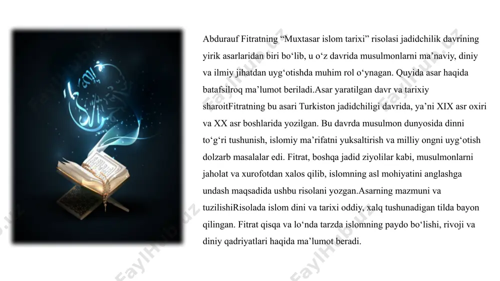 t qilib qo‘yildi. bu g‘azot hijratning ikkinchi yili sodir bo‘lgan edi. payg‘ambarimiz dunyodan o‘tishlari‍ ‍ voqean uch oydan so‘ng, hijratning o‘n birinchi yilida, rab’ul-avvaldan bir kun oldin hazrat xastalandilar. ashoblarini jam qilib shu tariqa nasihat qildilar: men dunyodan ketyapman, qur’onni sizlarning ixtiyorlaringizga qoldirurman. doimo qur’onga amal qilinglar. bir-biringizni sevinglar, bir-birlaringizga madad bo‘linglar, aslo ezgu ishlardaya judo bo‘lmanglar, dunyoni obod va isloh qilishga kuch beringlar.‍ hazratning xastaligi kuchayib, rab’ul-avval oyining o‘n ikkisida, hijratning o‘n birinchi yili oltmish uch yoshda dunyodan o‘tdilar". makkaning olinishi hudaybiyah sulhiga binoan musulmonlar makkaga qarshi o‘n yil davomida jang qilmasliklari kerak edi va musulmonlar bu ahdda sobit edilar. lekin sulh imzolangandan keyin ikki yil o‘tib, ya’ni hijratning sakkizinchi yili makka kofirlarining o‘zlari ahdnomani buzdilar; madinaga bot-bot hujum qila boshladilar. hazrat o‘n ming lashkar bilan makkaga yurish qilishga majbur bo‘ldilar va shahar tashqarisiga kelib, har bir jangchiga o‘z chodirida olov yoqishni buyurdilar. makka ahli homon musulmonlarning kelganlaridan bexabar …