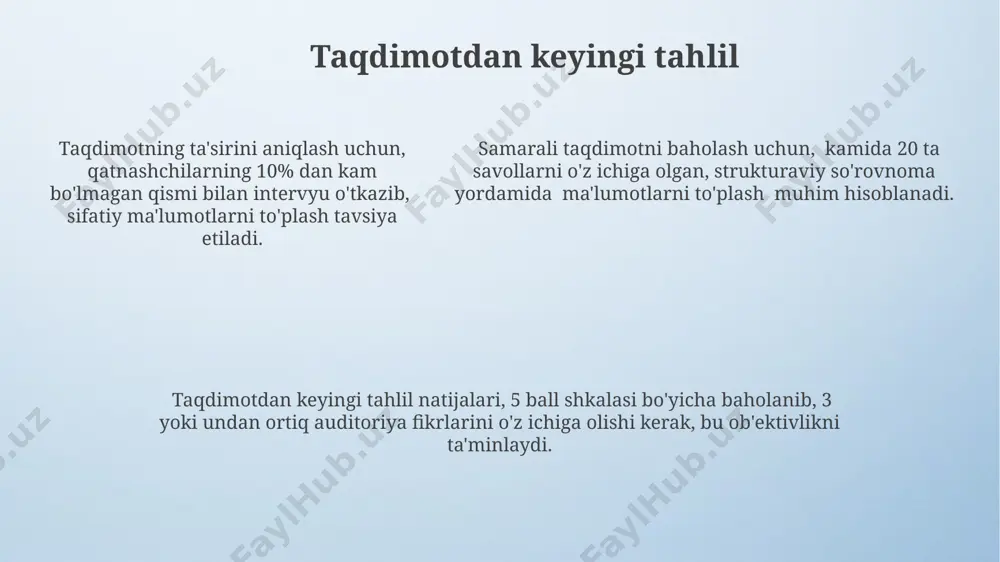 irish mumkin. miqdoriy va sifat baholari sifat baholari taqdimotning mazmuni, tushunarliligi, ta'siri va auditoriya bilan o'zaro aloqasi kabi jihatlarni 3-5 kriteriy asosida baholaydi, bu esa umumiy taassurotni shakllantirishga yordam beradi. miqdoriy va sifat baholarini birgalikda qo'llash orqali, taqdimotning 70% samaradorligini aniqlash va qolgan 30% ni subyektiv baholar asosida to'ldirish mumkin, bu esa yanada xolis natijalarga erishish imkonini beradi. miqdoriy baholar, masalan, 1 dan 5 gacha bo'lgan ballar yoki foizlar orqali taqdimotning aniq ko'rsatkichlarini o'lchaydi va ob'ektiv natijalar beradi, sifat baholari esa subyektiv fikrlarga asoslanadi. xatolarni tuzatish va yaxshilash har bir slaydda 7 ta so'zdan ortiq bo'lmagan matn bo'lishi va grafikalar yoki diagrammalar bilan to'ldirilishi kerak, bu tushunishni yaxshilaydi va zerikishni oldini oladi. xatolarni aniqlash uchun kamida 3 ta mustaqil auditoriyadan fikr-mulohazalar yig'ish va har bir xato turi bo'yicha 5 balldan kam baho olgan slaydlarni qayta ishlash tavsiya etiladi. prezentatsiyaning o'rtacha tomosha qilish vaqti 20 daqiqadan oshmasligi kerak, agar shunday bo'lsa, …