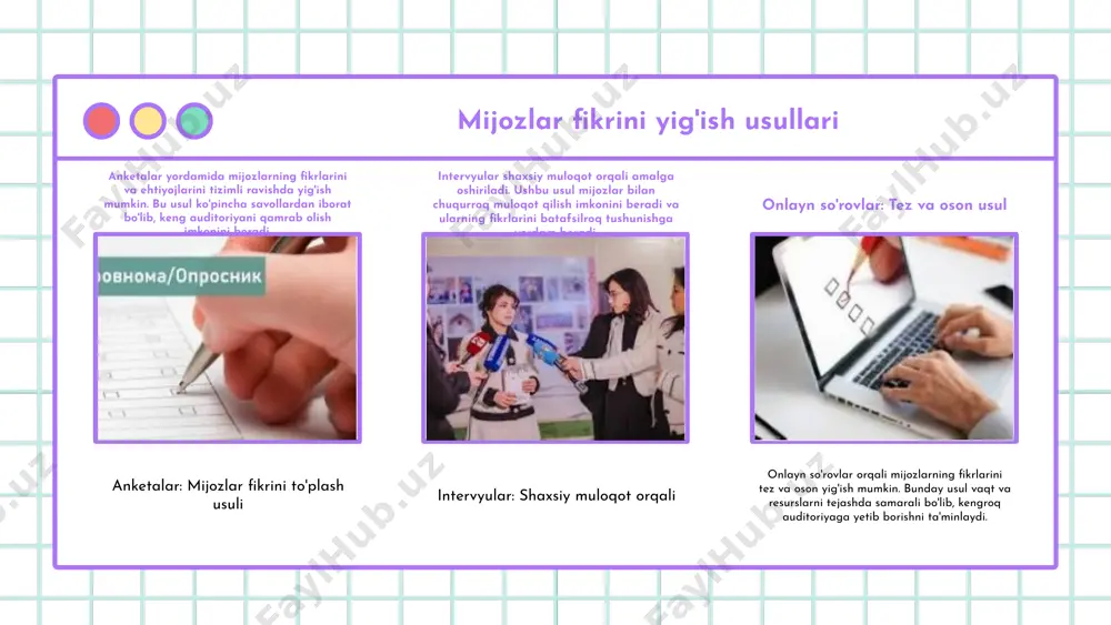 ular orasida statistik tahlil, sifat tahlili, va kontent tahlili kabi metodlar katta ahamiyatga ega. statistik tahlil raqamli ma'lumotlarni o'rganish va ularni grafik shaklida vizualizatsiya qilish imkonini beradi. metodlar va strategiyalar ma'lumotlarni tahlil qilishda sifatli va miqdoriy metodlardan foydalanish zarur. sifatli metodlar orqali ma'lumotlarning chuqur tahlilini amalga oshirishingiz mumkin, bu esa mijozlarning haqiqiy fikrlarini aniqlashda yordam beradi. miqdoriy metodlar esa raqamli ma'lumotlarni o'lchashda samarali. tahlil jarayoni tahlil jarayoni mijozlar fikrlarini to'g'ri tushunishga yordam beradi va bu biznes strategiyalarini yaxshilashda muhim rol o'ynaydi. olingan natijalar asosida qarorlar qabul qilinganida, mijozlarga yaxshiroq xizmat ko'rsatish imkoniyatlari paydo bo'ladi. natijalarni qo'llash olingan natijalar yordamida kompaniya o'z mahsulotlarini va xizmatlarini takomillashtirish, yangi strategiyalar ishlab chiqish va mijozlar bilan aloqalarni yaxshilash imkoniyatiga ega bo'ladi. bu jarayon mijozlar bilan uzoq muddatli aloqalarni rivojlantirish uchun juda muhimdir. mijoz ehtiyojlarini aniqlash jarayoni mijoz ehtiyojlarini aniqlashning ahamiyati mijoz ehtiyojlarini aniqlash biznesning muvaffaqiyati uchun muhim jihatlardan biridir. u mijozlar bilan munosabatlarni mustahkamlash, …