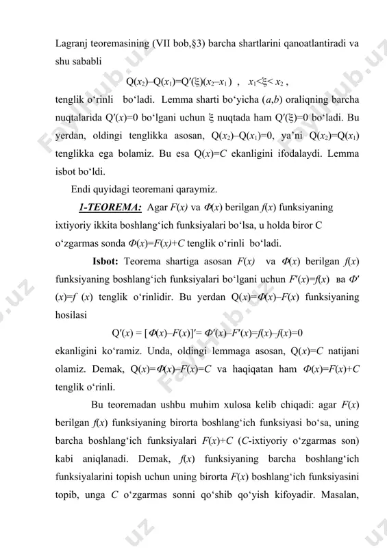 al ekanligini ko‘ramiz. v. o‘zgarmas k ko‘paytuvchini integral belgisidan tashqariga chiqarish mumkin, ya’ni . bu tenglik o‘zgarmas son aniqligida tushuniladi. isbot: i xossaga asosan ikkala aniqmas integral bir xil kf(x) hosilaga ega. demak, bu aniqmas integrallarning ikkalasi ham kf(x) uchun boshlang‘ich funksiya bo‘ladi va shu sababli ular bir-biridan faqat o‘zgarmas songa farq qilishi mumkin. masalan, . bu yerda c ixtiyoriy o‘zgarmas son bo‘lgani uchun 5c ham ixtiyoriy o‘zgarmas son bo‘ladi va shu sababli uni yana c deb belgilash mumkin. vi. ikkita funksiya algebraik yig‘indisidan olingan aniqmas integral shu funksiyalarning har biridan olingan aniqmas integrallarning algebraik yig‘indisiga tеng, ya’ni . bu yerda ham tenglik o‘zgarmas son aniqligida tushuniladi. isbot: aniqmas integralning i xossasiga asosan . algebraik yig‘indining hosilasi va i xossaga asosan . demak, vi xossadagi tenglikning ikkala tomonidagi funksiyalar bir xil hosilaga ega va shu sababli ular o‘zgarmas son aniqligida teng bo‘ladi. masalan, . izoh: vi xossa chekli sondagi funksiyalarning …