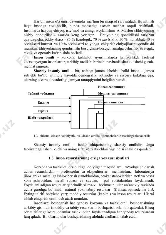 avsiflanadi. «ishchi kuchi» va «mehnat resurslari» tushunchalari bir xil mazmunga ega emas. chunki mehnat qobiliyat va ko‘nikmasiz amalga oshirilmaydi. inson qobiliyati faqat mehnat jarayonida ro‘yobga chiqadi. ishchi kuchi esa insonlarning qobiliyat salohiyatini aks ettiradi. makroiqtisodiyotda «iqtisodiy faol aholi» va «bandlik» tushunchalari muhim ahamiyatga ega. halqaro mehnat tashkilotining tasnifi (klassifikatsiyasi)ga binoan o‘zbekiston aholisining mehnat yoshiga kirib kelish 16 yoshdan belgilangan. iqtisodiy faol aholini hisobga olishda uchta kategoriyadan foydalaniladi: ish bilan band aholi, ishsizlar, ishchi kuchidan tashqaridagilar. band va ishsizlar yig‘indisi ishchi kuchini, ya’ni joriy davrda o‘z ishchi kuchini faol taklif etuvchilardan tashkil topadi. uchinchi guruh vakillariga ishga, ish haqiga ega bo‘lmagan, ish izlamayotgan, mehnat yoshiga to‘lmagan yoki mehnat yoshidan o‘tgan shaxslar kiradi. ular odatda, iqtisodiy nofaol aholi, deb ataladi. mehnat resurslarining ishchi kuchiga aylanish jarayoni bir qancha bosqichlarni bosib o‘tadi. dastlabki bosqichda mehnat resurslari ishchi kuchining salohiyatli qismi bo‘lib, ular mehnat vositalari va qurollari bilan ishlash tajribasini orttirgan. ikkinchi bosqichda esa …