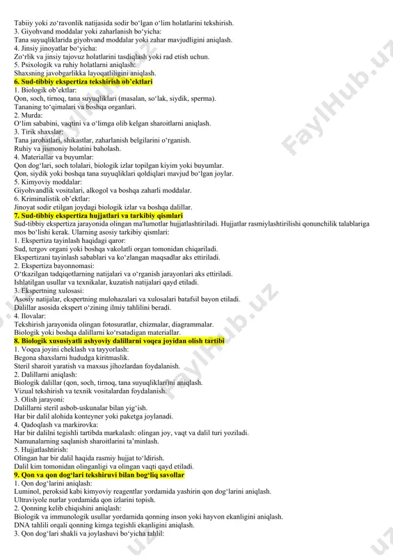 sud yoki tergov organiga sohasiga oid masalalarda yordam berish. ish jarayonida aniqlangan dalillarni professional tarzda baholash. o‘zining malakasi doirasida xizmat ko‘rsatish va to‘g‘ri ma’lumot taqdim etish. tergov yoki sud jarayonida qonunchilikka rioya qilish. 4. ekspert va mutaxassisning javobgarligi 1. ekspertning javobgarligi: xolislikni buzish: atayin noto‘g‘ri xulosa berish qonunchilikka ko‘ra javobgarlikka olib keladi. ishni noto‘g‘ri bajarish: malakasizlik yoki e’tiborsizlik sababli noto‘g‘ri natijalar yuzaga kelsa, intizomiy va hatto jinoyat javobgarligi bo‘lishi mumkin. sirlarni oshkor qilish: ekspertiza davomida olingan ma'lumotlarni ruxsatsiz oshkor qilganlik uchun qonunchilikda javobgarlik belgilangan. ekspertiza topshirig‘idan bosh tortish: sababsiz ekspertiza o‘tkazishdan bosh tortish ma’muriy yoki huquqiy javobgarlikka olib keladi. 2. mutaxassisning javobgarligi: xato maslahat yoki izoh berish: mutaxassis noto‘g‘ri maslahat yoki izoh berishi huquqiy oqibatlarga olib kelishi mumkin. mas'uliyatsizlik: o‘z faoliyatiga e’tiborsizlik bilan yondashishi yoki noto‘g‘ri dalillarni baholashi uchun intizomiy choralar ko‘riladi. qonunbuzarlik: qonunchilik talablariga zid ravishda ish tutishi jinoiy javobgarlikni keltirib chiqaradi. 5. sud-tibbiy ekspertiza tayinlashning majburiy hollari 1. …