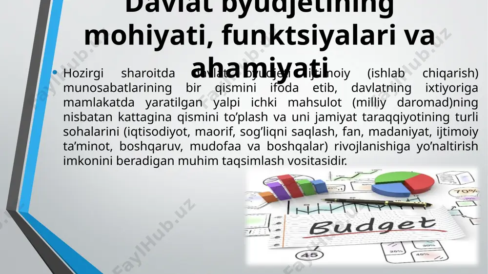 a ko’ra ob’ektiv bo’lib, ular davlatning sub’ektlar (xo’jaliklar va aholi) bilan barqaror aloqalarini ifodalaydi. ularning ob’ektiv zarurligi davlatning o’ziga xos funktsiyalarga ega bo’lgan mavjudligi bilan belgilanadi. davlat byudjeti ikki xil funktsiyani bajaradi: 1) taqsimlash; 2) nazorat. davlat byudjetining nazorat funktsiyasi 1) davlat byudjetining daromadlarini oshirish uchun pul mablag’larini jalb qilish; 2) mablag’larni sarflashning qonuniyligini ta’minlash; 3) byudjet mexanizmi orqali ishlab chiqarishning samaradorligini oshirishni ko’zda tutadi. sub’ektlar faoliyatini moliyaviy resurslar bilan ta’minlashda davlat byudjetining tartibga soluvchi roli quyidagi ko’rinishda bo’lishi mumkin: — moliyaviy resurslarga bo’lgan yangbi talabni kelgusi byudjet yilida byudjetning xarajatlari tarkibiga kiritish; — moliyaviy resurslarga bo’lgan qo’shimcha ehtiyojni mavjud byudjet resurslarini manyovr qilish, ya’ni byudjet kreditlarini bir ob’ektdan ikkinchisiga o’tkazish yo’li bilan qondirish. bunday imkoniyatning mavjudligi amaliyotda ayrim sub’ektlarning o’zlariga taqdim etilgan moliyaviy resurslarni to’liq o’zlashtirishning uddasidan chiqa olmasligi bilan izohlanadi; — qo’shimcha ehtiyojni hukumatning zahira fondlari hisobidan qoplash va boshqalar. davlat byudjetining daromadlari davlat byudjetining daromadlari mamlakat yalpi …