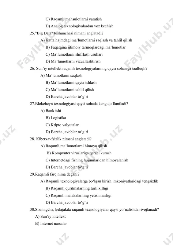 ron hukumat doirasiga kiradi? a) elektron ro'yxatdan o'tish b) raqamli kutubxonalar c) xususiy ovqatlanish d) ommaviy transport 37. raqamli imzo nima uchun ekran? a) hujjatlarni qog'ozda saqlash uchun b) elektron hujjatlarni tekshirish uchun c) faqat hujjatlarni chop etish uchun d) internetda shaxsiy xususiyatlar uchun 38. qaysi jihat elektron hukumatda innovatsiyalarni rivojlantiradi? a) ommaviy axborot orqali b) raqamli texnologiya c) qog'oz hujjatlar d) faqat telefon aloqasi 39. elektron orqali yuborish uchun qanday hujjat kerak? a) faqat shaxsiy pasport b) elektron pochta manzili c) faqatgina tegishli d) raqamli imzo 40. qanday qilib elektron hukumat infratuzilmasi ishchi kuchini yaxshilaydi? a) faqat yangi ish o‘rinlari b) ish jarayonlarini avtomatlashtirish c) faqat yangi qonunlar qabul qilish d) faqat malaka kerak 41. axborot resursi nima? a) axborotni saqlash uchun har qanday qurilma. b) foydalanish uchun tashkil etilgan ma’lumotlar to’plami. c) axborotni qayta ishlash jarayoni. d) “axborot texnologiyalari” atamasining sinonimi. 42. quyidagi texnologiyalardan qaysi biri axborot texnologiyasi …