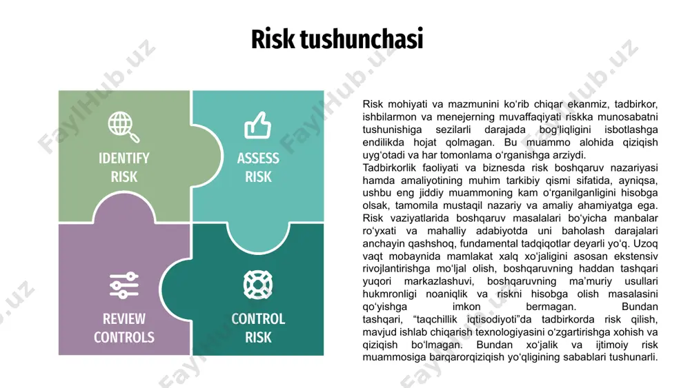 oiy, texnik rivojlanishni tezlashtiradi, jamiyatning fikr va ma’naviy muhitiga ijobiy ta’sir qiladi. ikkinchi tomonlama esa, aksincha ta’sir qilishi mumkin, ya’ni risk ijtimoiyiqtisodiy va ma’naviy rivojlanishga to‘sqinlik qilishi mumkin. risk iqtisodiy faoliyatning eng asosiy elementlaridan biri hisoblanib, u keng ma’noga ega bo‘lgan ko‘p qirrali tushuncha sanaladi. shuning uchun iqtisodiy faoliyatning samaradorligiga erishish, uning moliyaviy barqarorligini ta’minlash uchun iqtisodiyotdagi mavjud risklar, ularning iqtisodiy faoliyatga ta’sir qilish tomonlarini chuqur o‘rganib chiqish zarur. iqtisodiyotning tabaqalashgan darajasida risklarni quyidagicha ta’riflash mumkin: - iqtisodiy risk; - ijtimoiy-siyosiy risk; - fiskal-monetar risk. moliyaviy risklarning mazmun-mohiyati va tasniflanishi qadim zamonlardan risk foydani shakllantirish omili hisoblanadi. j.b.sey fikricha risk foydaning faqat bir qismini shakllantirish omili hisoblanadi14. xix asrlarda odamlarning risk qilishga tayyorligi ular foydasining shakllanishi va o‘zlashtirilishiga olib kelishi bilan izohlanardi. hozirgi kunda shakllanayotgan foydaning asosiy qismi risk ta’sirini kamaytirish orqali vujudga keladi. risk nazariyasini o‘rganishda klassik maktab namoyandalari muhim hissa qo‘shishgan. a.smit risk va foyda o‘rtasidagi o‘zaro proportsionallik …