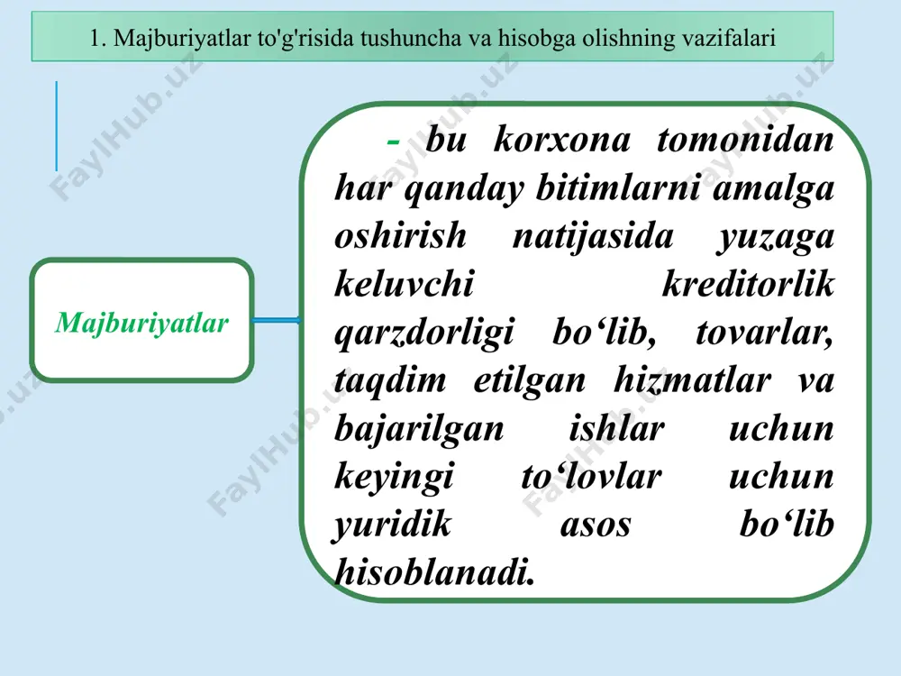 schotlar " 5110 "hisob-kitob schoti" majburiy to‘lov va soliq to‘lovlari bo‘yicha kechiktirilgan majburiyatlarga oid operatsiyalarning aks etishi. debet кredit hisoblangan soliq va majburiy to‘lovlar aks etadi (qonunga muvofiq) 9810 "daromad solig‘iga oid xarajatlar"; 9820 "boshqa soliqlar va majburiy to‘lovlar bo‘yicha xarajatlardan daromadlar" 6410 “budjetga to‘lovlar bo‘yicha qarzlar ”; 6500 “sug‘urta va maqsadli davlat jamg‘armalariga to‘lovlar bo‘yicha qarzlar” soliqlar va majburiy to‘lovlar bo‘yicha qarz aks etterildi 6410 “budjetga to‘lovlar bo‘yicha qarzlar”; 6500 “sug‘urta va maqsadli davlat jamg‘armalariga to‘lovlar bo‘yicha qarzlar” 5110 "hisob-kitob schyoti" olingan joriy bo‘naklar hisobi olingan bo‘naklar bo‘yicha joriy qarzdorlik quyidagi schotlarda aks ettiriladi: - 6310 “xaridor va buyurtmachilardan olingan bo‘naklar”; - 6320 “aksiya obunachilaridan olingan bo‘naklar”; - 6390 “olingan boshqa bo‘naklar”. olingan bo‘naklar bo‘yicha joriy majburiyatlar aks ettiriladi. debet кredit xo‘jalik shartnomalariga muvofiq olingan bo‘naklar aks ettiriladi 5110 "hisob-kitob schoti" 6310 “xaridor va buyurtmachilardan olingan bo‘naklar”; 6320 “aksiya obunachilaridan olingan bo‘naklar”; 6390 “olingan boshqa bo‘naklar” bo‘nakning hisobga olinishi …