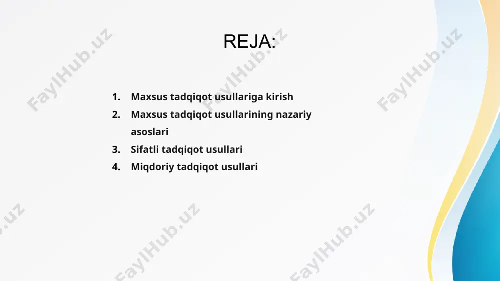 zmlari haqida qimmatli tushunchalar beradi. sifatli tadqiqot usullari sifatli tadqiqot usullari raqamli bo'lmagan ma'lumotlarni to'plashning bir qator usullarini o'z ichiga oladi, asosiy e'tibor insonning xatti-harakati va tajribasini tushunishga qaratilgan. bu usullar ishtirokchilarni kuzatish, chuqur suhbatlar, fokus-guruhlar va kontent tahlilini o‘z ichiga oladi, bu tadqiqotchilarga murakkab ijtimoiy hodisalarni chuqur o‘rganish imkonini beradi. sifatli usullardan foydalanadigan tadqiqotchilar ko'pincha sotsiologiya, antropologiya va psixologiya kabi sohalarda qimmatli bo'lgan boy, batafsil tushunchalarni ochishga intilishadi. salavha raqamli ma'lumotlarni to'plash va tahlil qilish uchun miqdoriy tadqiqot usullari qo'llaniladi, bu statistik tahlil va natijalarni umumlashtirish imkonini beradi. ushbu usullar ko'pincha tuzilgan so'rovlar, tajribalar yoki statistik ma'lumotlarni tahlil qilishni o'z ichiga oladi. 1 miqdoriy tadqiqotning maxsus usullaridan biri bu topilmalarning ishonchliligi va umumlashtirilishini oshirish uchun katta tanlama hajmidan foydalanishdir. bu tadqiqotchilarga namuna olingan kattaroq populyatsiya haqida aniqroq va qo'llaniladigan xulosalar chiqarish imkonini beradi. 3 miqdoriy tadqiqotning yana bir maxsus usuli - bu topilmalarni tahlil qilish va taqdim etish uchun …