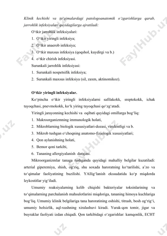 rlar paydo bo‘lishi kuzatiladi. yiringli infeksiyalarni oldini olish uchun quyidagilarga e’tibor berish lozim: 1. shikastlanishlarning oldini olish, 2. shikastlanishlarda birinchi tibbiy yordamni to‘g‘ri tashkil qilish, 3. qandli diabet va b. kasalliklarni davolash, 4. turli yiringli jarayonlarni o‘z vaqtida davolash. kasalxona ichi infeksiyalarini oldini olish uchun quyidagilar amalga oshiriladi: - bo‘limda ishlovchilar orasida safilakokk tashuvchilarini sanatsiya qilish, - bo‘limning sanitariya-gigiena holatini qattiq nazorat qilish, - o‘tkir jarrohlik infeksiyasi aniqlangan bemorlarni ajratish, - muolaja va jarrohlik amaliyoti o‘tkazilayotganda aseptika va antiseptika qoidalariga amal qilish, - faol emlash, - gripp epidemiyasi vaqtida maxsus niqobchalardan foydalanish, chunki bu ham organizmni kuchsizlantirib, yiringli infeksiyalar rivojlanishiga sharoit yaratadi. o‘tkir yiringli infeksiyalarni davolash asosan yallig‘lanish o‘chog‘ini chegaralashga qaratiladi.buning uchun yallig‘lanish o‘chog‘i atrofiga novokain va antibiotiklar yuborish, vena yoki mushaklar orasiga antibiotiklar yuborish, fizioterapevtik muolajalar tavsiya etish va boshqa tadbirlar bajariladi. bundan tashqari yiringlagan to‘qimani yiringdan tozalash, antiseptik dorilar bilan yuvish, gipertonik eritma bilan tampon qo‘yish va boshqa …