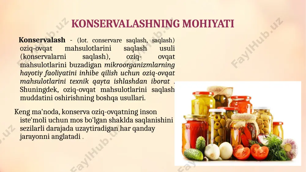 qo'shilishi har xil turdagi mahsulotlarning (ichimliklar, konservalar, konservalar) xavfsizligini oshiradi . 8 suvni kashaytirish bilan bog'liq texnikalar quritish mahsulotdan namlik chiqariladi, bu esa mikroorganizmlarni yashash joyidan mahrum qiladi rivojlanish. quritish ochiq havoda ham, shamolda ham amalga oshirilishi mumkin chirishni oldini olish va vakuum yordamida. keng tarqalgan tuzlangan va quritilgan go'sht. jellelanish bu usul suv faolligini kamaytirish ta'siridan ham foydalanadi oziq-ovqat mahsuloti. jellanish uchun jelatin, alginatlar , pektin ishlatiladi. va kraxmal. mahsulotning jellangan massasi o'tkazmaydi ko'pchilik bakteriyalar va mog'or. eng mashhur uzoq muddatli mahsulotlar ushbu toifadan saqlash - marmelad va turg'unlik. dudlash qisman suvsizlanishni (ba'zan juda engil) birlashtiradi va kimyoviy saqlash. dudlash jarayonida mahsulot quritiladi va tutun bilan to'yingan, aromatik uglevodorodlar uni saqlab qoladi va o'ziga xos lazzat bering. quritish shuningdek, mahsulotning suvsizlanishini birlashtiradi va shu bilan birga, ba'zilari osh tuzi bilan kimyoviy saqlash. jem, murabbo, murabbo va marshmallow. siroplar meva konservalarini olish uchun shakar pishirish keng qo'llaniladi. sirop, yoki shunchaki …