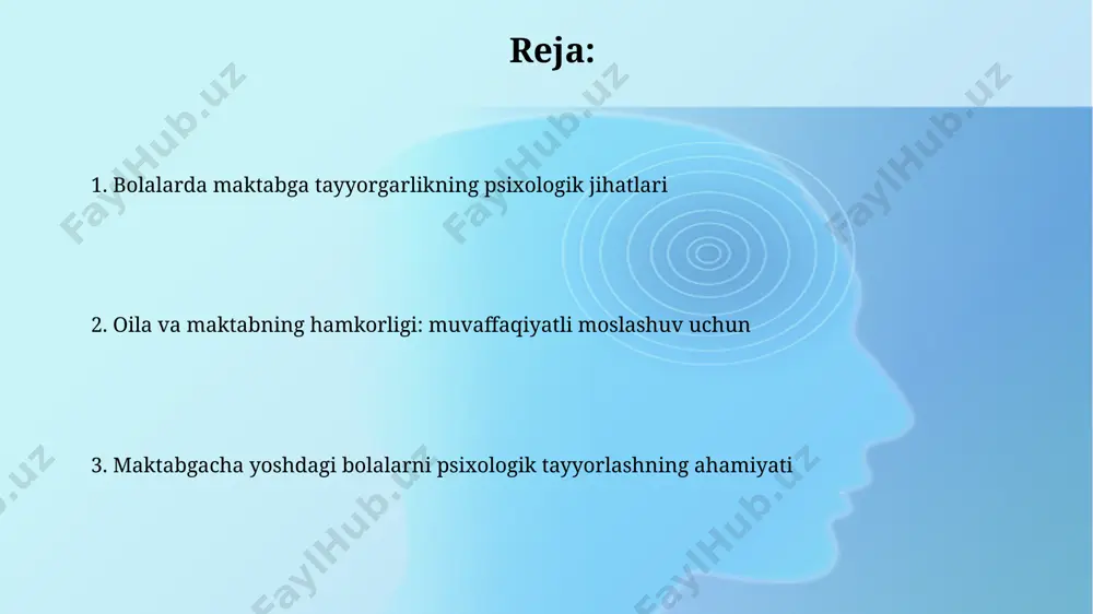 bolalarning sezgi idrokini 20% ga oshirish mumkin, bu esa ijodiy ifodalanishga yordam beradi. mustaqillik va o'z-o'zini boshqarish ko'nikmalarini shakllantirish mustaqillik ko'nikmalarini rivojlantirishda 3-5 yoshli bolalarda o'z-o'zini xizmat qilish (kiyinish, yeyish) ko'nikmalarini shakllantirishga alohida e'tibor qaratish kerak, bu ularning mustaqilligini oshiradi va o'ziga bo'lgan ishonchini kuchaytiradi. o'z-o'zini tarbiyalashni o'rgatishda, masalan, o'yinchoqlarni o'z joyiga qo'yish kabi oddiy vazifalarni bajarishni talab qilish orqali, bolalarda mas'uliyatlilik tuyg'usini shakllantirish va 70% muvaffaqiyatga erishish mumkin. o'yin faoliyatining roli o'yin faoliyati bolaning kognitiv rivojlanishiga sezilarli ta'sir ko'rsatib, 3-5 yoshdagi bolalarda muammo yechish qobiliyatini 20% ga oshiradi va mantiqiy fikrlashni rivojlantiradi. o'yin, bolaning mustaqilligini va o'z-o'zini boshqarishini rivojlantirishda muhim vosita bo'lib, taxminan 70% hollarda o'z faoliyatini mustaqil rejalashtirish va amalga oshirish ko'nikmalarini shakllantiradi. maktabgacha yoshdagi bolalarning psixologik tayyorgarligi ijtimoiy-emotsional rivojlanishning muhim jihatlari, jumladan, tengdoshlar bilan o'zaro munosabatlarni o'rnatish va his-tuyg'ularini boshqarish, maktabga psixologik tayyorgarlikning asosiy tarkibiy qismlaridan biri hisoblanadi. maktabga tayyorgarlik jarayonida bolalarning kognitiv qobiliyatlarini, jumladan, mantiqiy fikrlash, …