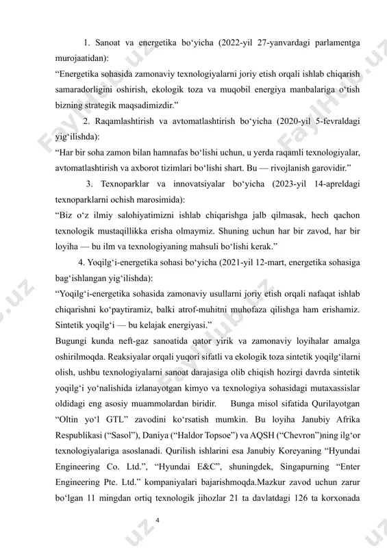 ar ortadi. yiliga 576 million aqsh dollaridan ortiq qo‘shimcha daromad olish imkoniyati yaratiladi. bundan tashqari, ishlab chiqariladigan mahsulotlar import o‘rnini bosadi va neft sotib olish uchun sarflanadigan 1 milliard aqsh dollarigacha valyuta tejab qolinadi.tabiiy gaz tarkibida metan asosiy komponent bo‘lib, u 98% gacha yetadi. unda c2, c3 va c4 kabi og‘ir uglevodorodlar, shuningdek, inert gazlar (n₂, co₂) va noyob gazlar (ar, he va boshqalar) ham mavjud bo‘lishi mumkin.olefinlarning gaz holatidagi shakllari neftkimyo sanoatida keng qo‘llaniladi. bugungi kunda neft-gaz sanoatida qator yirik va zamonaviy loyihalar amalga oshirilmoqda. reaksiyalar orqali yuqori sifatli va ekologik toza sintetik yoqilg‘ilarni olish, ushbu texnologiyalarni sanoat darajasiga olib chiqish hozirgi davrda sintetik yoqilg‘i yo‘nalishida izlanayotgan kimyo va texnologiya sohasidagi mutaxassislar oldidagi eng asosiy muammolardan biridir. bunga misol sifatida qurilayotgan “oltin yo‘l gtl” zavodini ko‘rsatish mumkin. bu loyiha janubiy afrika respublikasi (“sasol”), daniya (“haldor topsoe”) va aqsh (“chevron”)ning ilg‘or texnologiyalariga asoslanadi. qurilish ishlarini esa janubiy koreyaning “hyundai engineering …