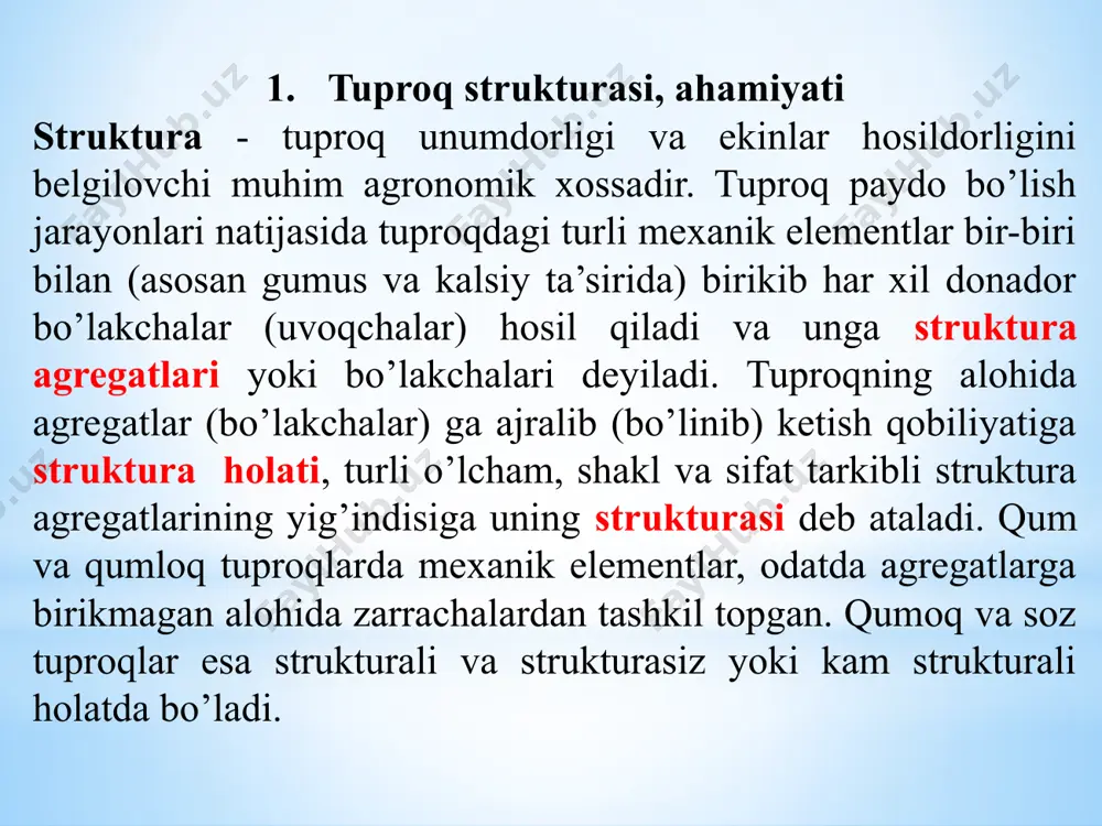 0,25-10 mm gacha bo’lgan m a k r o s t r u k t u r a va 0,25 mm dan kichik agregatlardan iborat m i k r o s t r u k t u r a g a ajratiladi. tadqiqotlardan ma’lumki, qumoq va soz mexanik tarkibli tuproqlarda optimal holidagi strukturaning bo’lishi uchun 0,25 mm dan katta agregatlar miqdori 70-80 foiz (jumladan, suvga chidamli agregatlar 40-60 foizni) tashkil etishi muhim ahamiyatga ega. yirik makrostrukturalar tuproqdagi eng qulay suv-havo xossalarini yuzaga keltiradi. makrostruktura bilan bir qatorda tuproq unumdorligida, ayniqsa 0,25 dan 0,05 mm gacha o’lchamli mikrostrukturalarning roli ham katta. mikrostrukturalar o’rta osiyoning bo’z tuproqlari sharoitida ekinlardan yuqori hosil olishni ta’minlaydi. strukturaning shakli plitasimon prizmasimon kubsimon tuproq strukturasi o’lchami (katta-kichikligi) ga ko’ra quyidagi gruppalarga bo’linadi: >10 mm, kesakli struktura 10-0,25 mm gacha makrostruktura 0,01 mm dan kichik nozik mikrostruktura 0,25-0,01 mm gacha dag’al mikrostruktura strukturaning agronomik ahamiyati. ilgari aytilganidek, agronomik …