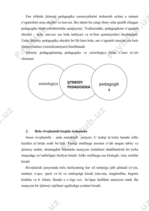 ar asosida asab faoliyatining ma’lum bir turi rivojlanadi. inson rivojlanishida intellektual xislatlarning o‘tishi masalasi juda muhimdir. filolog va psixologlar tadqiqotlariga ko‘ra qobiliyatlar nasldan o‘tmaydi, faqat qobiliyatlarni rivojlantirish uchun potensial imkoniyatlar hisoblangan qobiliyat nishonalari o‘tadi. bola rivojlanishida irsiyat ahamiyati haqida gapirganda irsiy tabiatga ega bo‘lgan bir qator kasallik va patologiyalarning mavjudligini e’tiborga olish lozim. masalan, psixik buzilishlar (shizofreniya), qon kasalligi (gemofiliya), endokrin buzilishlar (pakanalik). ota-onalar alkogolizm iva giyohvandligi nasl uchun salbiy ta’sir ko‘rsatadi. tashqi omillar bo‘lgan atmosferaning, suvning ifloslanishi, ekologiyaning buzilishi ham bola rivojlanishiga salbiy ta’sir ko‘rsatadi. jismoniy kamchilikli (ko‘rlar, karlar, tayanch-harakatlantiruvchi apparatning buzilishi va b) bolalar tug‘ilishi ko‘paymoqda. shunday bolalar uchun muloqotda bo‘lish jamiyatga “kirish” ancha murakkabdir. bular bilan maxsus tayyorlangan pedagoglar shug‘ullanadi. ijtimoiy omillar inson bo‘lib yetishish uchun faqatgina biologik irsiyatning o‘zi kifoya emas. inson faqat sotsiolizatsiya jarayonida, ya’ni muloqotda, boshqa insonlar bilan o‘zaro ta’sirda shaxs bo‘lib yetishadi. inson jamiyatidan tashqarida ma’naviy, ijtimoiy, psixik rivojlanishi sodir bo‘la olmaydi. bu …