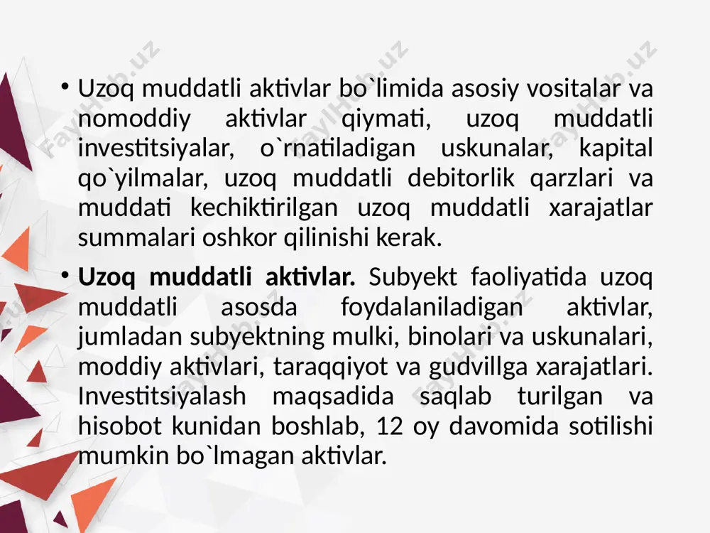 tlabki qiymati belgilangan qiymatdan kam bo`lmagan (eng kam ish haqiga nisbatan belgilanadi); - bir yildan ortiq xizmat muddatiga ega mehnat vositalari kiritilgan. qishloq xo`jaligida asosiy vositalar tarkibiga qiymatidan qat’iy nazar qishloq xo`jaligi mashina va asboblari, voyaga etgan ish hayvonlari va mahsuldor chorva mollari kiradi. asosiy fondlar ishlab chiqarishga taalluqli va noishlab chiqarishga taalluqli fondlarga bo`linadi. ishlab chiqarishga taalluqli asosiy fondlar mahsulot ishlab chiqarish jarayonida bevosita ishtirok etadi. shu bilan birga mahsulot ishlab chiqarish sohasida bevosita ishtirok etmaydigan noishlab chiqarish fondlaridan ham foydalaniladi. ular xo`jalikning dam olish xonalari, hammom va dush kabi maishiy xaraktyerdagi bino-inshootlaridan tashkil topadi. noishlab chiqarish fondlari mahsulot ishlab chiqarish jarayonida bevosita ishtirok etmasada, ular fermer xo`jaligida mehnat resurslarining ishchi kuchini qayta tiklash va mehnat unumdorligini oshirishda muhim omil bo`lib xizmat qiladi. asosiy ishlab chiqarish fondlarining barchasi ham qishloq xo`jaligi ishlab chiqarishida birdek ishtirok etmaydi. traktorlar, kombaynlar, yuk avtomobillari, qishloq xo`jaligi mashina va uskunalari, ishchi va mahsuldor hayvonlar …