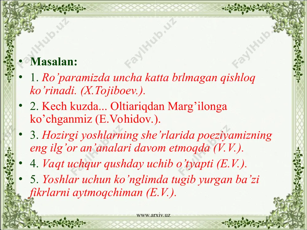 qo’shiqni kuylamoqdaman. www.arxiv.uz www.arxiv.uz kelasi zamon fe’li, birinchidan, ish-harakatning nutq so’zlangandan sґng bajarilish-bajarilmasligi mo’ljallanishi, taxmin qilinish ma’nosini ifodalab. –r(-ar) affiksli kelasi zamon sifatdoshini tuslash orqali shakllanadi (kel-ar-man, ishla-r-san kabi). bunday forma kelasi zamon gumon fe’lini hosil qiladi. kelasi zamonning maqsad ifodalash shakli ham mavjud bo’lib, u -moqchi affiksli fe’l formasini, shuningdek, -digan, -jak(-ajak) affiksli sifatdoshlarni tuslash orqali shakllanadi. . www.arxiv.uz www.arxiv.uz i. sh. kel-ajak-man, o’qi-yajak-man ii. sh. kel-ajak-san, o’qi-yajak-san iii sh. kel-ajak, o’qi-yajak i. sh. kel-ajak-miz, o’qi-yajak-miz ii. sh. kel-ajak-siz, o’qi-yajak-siz iii sh. kel-ajak(lar), o’qi-yajak(lar) b i r l i k k o’ p l i k www.arxiv.uz www.arxiv.uz buyruq-istak va shart mayllari formasidagi fe’llar ham, asosan kelasi zamon tushunchasini ifodalaydi masalan: bilaman, u bizni poylamoqchi (n.fozilov.). oltin yerimizni ko’z qorachig’iday saqlanglar. (h.g’.). dilimizdagi gaplarni so’zlab bersam... www.arxiv.uz www.arxiv.uz