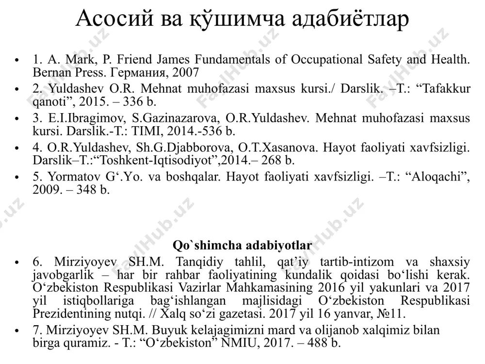 va kasb kasalliklaridan majburiy davlat ijtimoiy sug‘urtasi to‘g‘risida”gi qonun. o‘zbekiston respublikasi qonun hujjatlari to‘plami, 2008 , 37-38-son. internet saytlari. 12. www.gov.uz – o‘zbekiston respublikasi xukumat portali. 13. www.lex.uz – o‘zbekiston respublikasi qonun hujjatlari ma’lumotlari milliy bazasi. 14. www.mintrud.uz – mehnat va aholini ijtimoiy muhofaza qilish vazirligi sayti. 15. www.bilim.uz – oumtv sayti ma’ruza №1 mavzu: hayot faoliyati xavfsizligi faniga kirish r e j a: hayot faoliyati xavfsizligini ta’minlash hayot faoliyati xavfsizligini haqida tushuncha hayot faoliyati xavfsizligining asosiy tushinchalari va terminlari hayot faoliyati xavfsizligi tarkibiy qismi va ularning tekshirish ob’ektlari hayot faoliyati xavfsizligi nazariy asoslari hayot faoliyati inson tug‘ilishi bilan yashash, erkinlik va baxtga intilish huquqiga ega bo‘ladi. inson o‘zining yashash, dam olish, sog‘ligi haqida qayg‘urish, qulay atrof-muhit, xavfsizlik va gigiena talablariga javob beradigan mehnat sharoitida ishlashga bo‘lgan xuquqlarini hayot faoliyati jarayonida amalga oshiradi. uning bu huquqlari o‘zbekiston respublikasi konstitutsiyasining 37 moddasi bilan kafolatlangan. lekin, bu mukaddas zaminda yashayotgan xar bir …