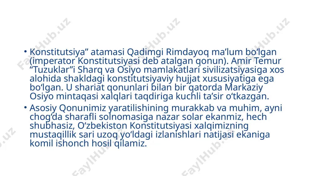 lardan iborat 64 nafar a’zoni o‘zida jamlagan konstitutsiyaviy komissiya tuzildi va konstitutsiya loyihasi ana shu komissiya tomonidan 2 yildan ortiq vaqt mobaynida tayyorlandi. birinchi prezidentimiz konstitutsiyaviy komissiya ish boshlashi bilan mamlakatimizning o‘ziga xos jihatlarini va xususiyatini munosib ravishda aks ettiradigan, xalqaro standartlarga to‘liq javob beradigan, jahon tajribasini, demokratiya va eng rivojlangan mamlakatlar konstitutsiyaviy qonunchiligi erishgan yutuqlarni inobatga oladigan asosiy qonun loyihasini tayyorlashga bevosita rahbarlik qildi. ushbu vazifalarni amalga oshirishda birinchi prezidentimiz buyuk davlat va jamoat arbobi, iste’dodli siyosiy yetakchi sifatida namoyon bo‘ldi. shu ma’noda, o‘zbekiston konstitutsiyasining tashabbuskori, ilhomlantiruvchisi va asosiy muallifi mamlakat prezidenti hisoblanadi. binobarin, taqdir islom karimov zimmasiga jamiyatni yangilash, o‘tish davrining murakkab sharoitida davlatimizni ijtimoiy-iqtisodiy, siyosiy, davlat-huquqiy va ma’naviy-ma’rifiy jihatdan rivojlantirishning pishib yetilgan muammolarini hal qilish, jumladan, bo‘lajak mustaqil yurt konstitutsiyasini yaratish kabi tarixiy vazifalarni yuklagan edi. konstitutsiyani yaratish yo‘lidagi beshinchi huquqiy qadam – birinchi prezidentimizning hindistonga 1991 yilgi tashrifi bilan chambarchas bog‘liq. aytish kerakki, birinchi prezidentimiz islom …