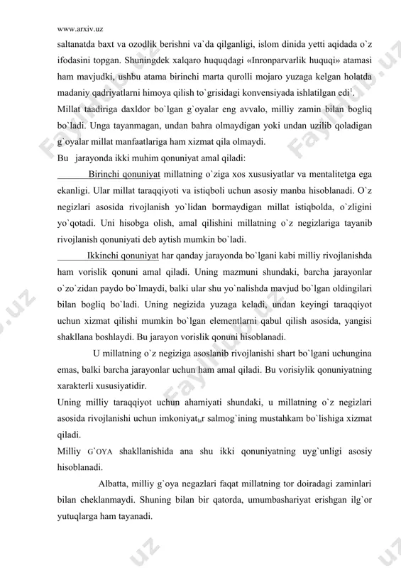 raqqiyot uchun ahamiyati shundaki, u millatning o`z negizlari asosida rivojlanishi uchun imkoniyatlar salmog`ining mustahkam bo`lishiga xizmat qiladi. milliy g`oya shakllanishida ana shu ikki qonuniyatning uyg`unligi asosiy hisoblanadi. albatta, milliy g`oya negazlari faqat millatning tor doiradagi zaminlari bilan cheklanmaydi. shuning bilan bir qatorda, umumbashariyat erishgan ilg`or yutuqlarga ham tayanadi. shuning uchun ham prezident islom karimov mamlakatimiz o`z mustaqilligini qo`lga kiritgandan keyin ijtimoiy rivojpanishning quyidagi to`rtta asosiy negizini belgilab bergan edi. bular: — umuminsoniy qadriyatlarga sodiqlik; — xalqimizning ma`naviy merosini mustahkamlash va rivojlantirish; — insonning o`z imkoniyatlarini erkin namoyon qilishi; — vatanparvarlik1 kabilardir. ko`rinib turibdiki, ularda milliy g`oya tamoyillari umuminsoniy qalriyatlar bilan o`zaro uyg`unlaishb ketgan. ana shu negizlar asosida milliy g`oyamizning asosiy tamoyillari shakllanadi. xo`sh, bu prinsip nima? tamoyil biror bir ta`limopg, dunyokarash yoki faoliyatning kat`iy amal kiladigan koidasi va me`yorini anglatuvchi tushuncha xisoblanadi. shu ma`noda ham milliy g`oyaning o`ziga xos tamoyillari mavjud bo`lib, ular asosida milliy rivojlanishning dolzarb vazifalari amalga oshirilmoqda. …