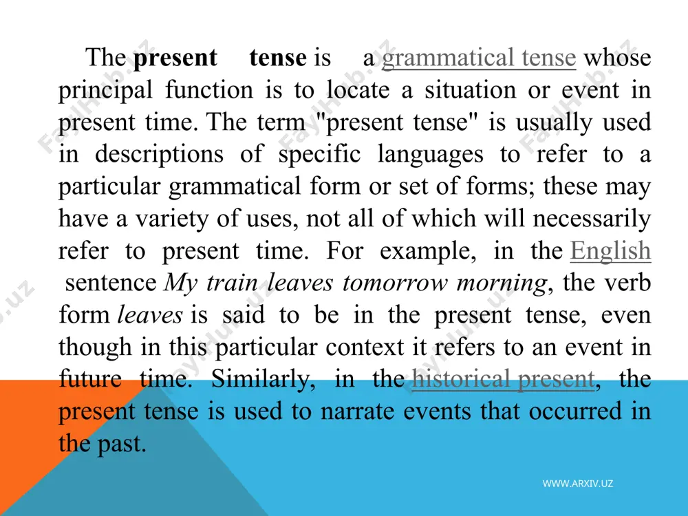 nt tense is often used to refer to future events (i am seeing james tomorrow; my train leaves at 3 o'clock this afternoon). this is particularly the case in condition clauses and many other adverbial subordinate clauses: if you see him,...; as soon as they arrive... there is also the historical present, in which the present tense is used to narrate past events. for details of the uses of present tense constructions in english, see uses of english verb forms. the formula: positive: s + v1 (s / es) negative: s + do / does + not + v1 question: do / does + s + v1 www.arxiv.uz www.arxiv.uz it is used to express an action in present time, habitual or usual actions, a daily event or a universal fact. it is used to express an action in present time which is usually performed on a regular basis. for example …