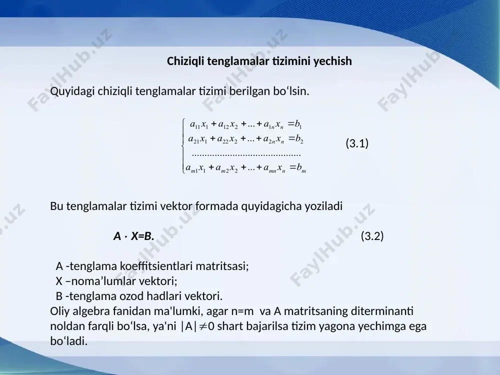 a a4 mahsulotdan 250 teng ekan. gauss usuli tizim matritsasi a ozod hadlar ustuni bilan kengaytirilsa, ya'ni n+1 ustun qilib ozod hadlar kiritilsa, uni a1x=0 ko‘rinishida yozish mumkin. bu yerda a1 kengaytirilgan matritsa, uning elementlari i=1,2,..,n; j=1,2,..,n uchun a matritsa elementlariga, n+1 -ustuni ozod hadlarga teng qilib olingan, ya'ni, aij=aij, j=1,2,..,n; ain+1=-bi, i=1,2,..,n. yuqoridagi (3.1) tenglamalar tizimini yechish ikki bosqichda bajariladi. birinchi bosqich. bu bosqich gauss usulining to‘g‘ri yo‘li deb atalib, bunda tenglamalar tizimi matritsasi a1 uch burchakli holga keltiriladi, ya'ni bu matritsa elementlari k=1,2,..,n uchun ketma-ket formulalar bilan hisoblanadi. ikkinchi bosqich. bu bosqichda no‘malumlar ketma-ket quyidagi formula bilan aniqlanadi. jordan-gauss usuli jordan-gauss usuli chiziqli tenglamalar tizimini yechish uchun zarurat tug‘ulganda a-1 teskari matritsani topish uchun eng qulay usullardan biridir. bu usul mohiyati quyidagidan iborat: tizimdagi birinchi tenglamadan ixtiyoriy 0 dan farqli koeffitsientli noma’lum tanlanadi va birinchi tenglamaning hamma hadlari shu koeffitsientga bo‘linadi. birinchi tenglama yordamida tanlangan noma’lum boshqa hamma …