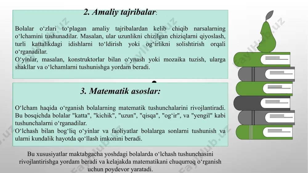 ttaliklarni solishtirishni o‘rgatadi. 3. amaliy faoliyat metodikasi taqqoslash o‘yinlari: bolalar bir nechta obyektlarni taqqoslash orqali o‘lchov birliklarini o‘rganadilar. masalan, “qaysi biri og‘irroq?”, “qaysi biri uzunroq?” kabi o‘yinlar orqali bolalar tasavvurlarini rivojlantiradi. o‘lchovlar bilan ishlash: bolalar o‘lchov birliklari bilan tanishtiriladi. masalan, uzunlikni santimetrda, og‘irlikni kilogrammda o‘lchash orqali, bolalar turli obyektlarni o‘lchashni o‘rganadilar. 4. tasviriy faoliyat metodikasi chizmalar va rasm ishlash: bolalar o‘lchovlar va kattaliklarni chizmalar orqali ko‘rsatish va tasvirlashni o‘rganadilar. bu metod orqali bolalar o‘lchovlar tushunchasini vizual va ijodiy tarzda anglaydilar. maxsus didaktik materiallar: bolalar o‘lchov birliklarini o‘rganish uchun maxsus tayyorlangan kartochkalar, tasvirlar yoki o‘yin materiallaridan foydalaniladi. 5. muloqot va muhokama metodikasi so‘zlashish va taqqoslash: bolalar kattalik, og‘irlik, uzunlik haqida o‘z fikrlarini ifodalashga o‘rgatiladi. bu metod bolalarga tushuncha va bilimlarini mustahkamlashga yordam beradi. rasm va hikoyalar yordamida muhokama: o‘qituvchi yoki tarbiyachi bolalarga rasm yoki hikoya orqali kattaliklar va o‘lchovlar haqidagi savollarni beradi va ular bilan muhokama qiladi. 6. interaktiv metodika mobil …