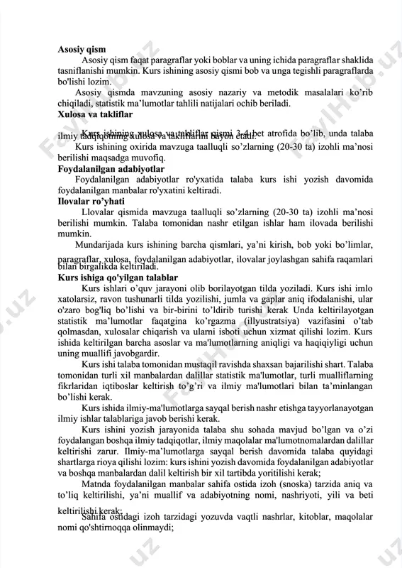 ida mujassam etadi va umumlashtiradi;ketligini o’zida mujassam etadi va umumlashtiradi; —— manba mazmunini xotirada tiklaydi;manba mazmunini xotirada tiklaydi; —— konspekt va tezislar o'rnini bosadi;konspekt va tezislar o'rnini bosadi; —— harhar xil turdagi yozishmalar, ma’ruza, xabarnoma, hisobot tuzishga yordamxil turdagi yozishmalar, ma’ruza, xabarnoma, hisobot tuzishga yordam beradi; beradi; —— o'z-o'zini nazorat qilishni tezlashtiradi;o'z-o'zini nazorat qilishni tezlashtiradi; —— e'tiborning bir nuqtada bo’lishligiga va mashg'ulotlarni rag’e'tiborning bir nuqtada bo’lishligiga va mashg'ulotlarni rag’ batlantirishga batlantirishga imkon beradi;imkon beradi; -- yaxshi tanish matnning xotirada paydo bo’lishida foydalaniladi.yaxshi tanish matnning xotirada paydo bo’lishida foydalaniladi. lekin kurs ishi mazmunini yoritmaydilekin kurs ishi mazmunini yoritmaydi faqat unga yo’nalish beradi vafaqat unga yo’nalish beradi va tuzilishini ko'rsatadi. shuni nazarda tutish kerakki, rejadagi masalalar ko'payibtuzilishini ko'rsatadi. shuni nazarda tutish kerakki, rejadagi masalalar ko'payib ketmasligi, rejaketmasligi, rejada eng muhim masalalar o’z ifodasini topishi, rejada ko’zdda eng muhim masalalar o’z ifodasini topishi, rejada ko’zda tutilgana tutilgan masalalar hozirgi zamon talablari bilan aloqador …