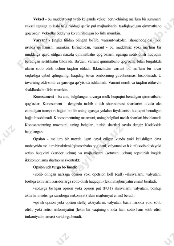 alyutani, boshqa aktivlarni sotishga xaridorga imkoniyat (lekin majburiyat emas) beradi; · qo`sh opsion yoki opsion stellej aksiyalarni, valyutani bazis narxida yoki sotib olish, yoki sotish imkoniyatini (lekin bir vaqtning o`zida ham sotib ham sotib olish imkoniyatini emas) xaridorga beradi. opsionda uning muddati ko`rsatiladi. opsionning muddati ma’lum bir kun yoki vaqt davrdan iborat bo`lib, u o`tganidan so`ng opsion kuchini yo`qotadi. opsionning ikki xil turi mavjuddir: · yevropacha; · amerikacha. yevropacha stilga ko`ra opsiondan faqat qat’iy belgilangan muddatda foydalanilishi mumkin. amerikacha stilda esa undan opsion muddati chegarasida istalgan paytda foydalansa bo`ladi. opsion o`zining kursiga egadir. opsionning o`ziga xos xususiyati shundan iboratki, unga ko`ra oldi-sotdi bitimida sotib oluvchi mulkining (ya’ni aksiyaning) o`zini sotib olmasdan, balki uni sotib olish huquqini sotib oladi. opsionning oldi-sotdi bitimi kontrakt deb ataladi. fyuchers - kelishuvi paytida mo`ljallangan narxda sotib olish yoki sotish majburiyatini belgilaydigan muddatli birja kontraktidir. fyuchers kontrakti mexanik xarid bilan tugatilishi shart emas. bu yerda, dastlab …