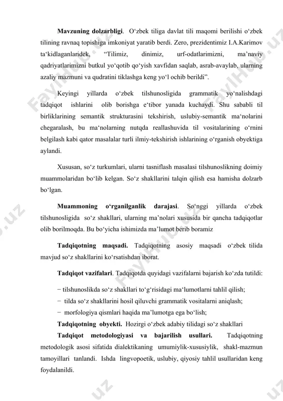 batan, bosh kelishik shakli ekani esa maxsus koʻrsatkichga ega boʻlgan boshqa kelishik shakllariga (masalan, qaratqich — "kitobning", chiqish — "kitobdan" shakllariga) nisbatan belgilanadi, yaʼni kelishik shakli deb qaraladi. sodda qilib tushuntitadigan bo‘lsak, so‘z shakllari hodisasi tilshunoslikdagi o‘ziga xos hodisalardan biridir. unda ma'lum so‘zning o‘z lug‘aviy ma'nosini saqlagan holda turli shakllarda qo‘llanilishi tushuniladi. masalan, kitob, kitobi, kitobdan, kitobimiz. bu bitta so‘zning turli shakllarda ishlatilishidir. so‘z shakllarining o‘zgarishi dastlab shu so‘zning lug‘aviy ma'nosiga daxldor bo‘lib. uni qaysi turkumga mansubligini belgilaydi va shu turkumga xos qo‘shimchalar asosida o‘z shaklini o‘zgartiradi. masalan, daraxt, odam, gul so‘zlari ot turkumiga xos bo‘lib o‘z shaklini otga xos bo‘lgan kelishik, egalik, ko‘plik qo‘shimchalarini olgan holda o‘zgartiradi: daraxtim, daraxtlar, daraxtning. sifat turkumiga xos so‘zlar esa shu turkumga xos daraja hosil qiluvchi vositalarni qabul qilgan holda o‘z shaklini o‘zgartiradi. masalan, qizil, qizg‘ish, qizilroq. so‘z shakllarini o‘zgarishidagi bu holat belgilangan, turg‘un holat emas. so‘z shakllarini o‘zgarishi uchun asos bo‘ladigan qo‘shimchalar, so‘zlaming …